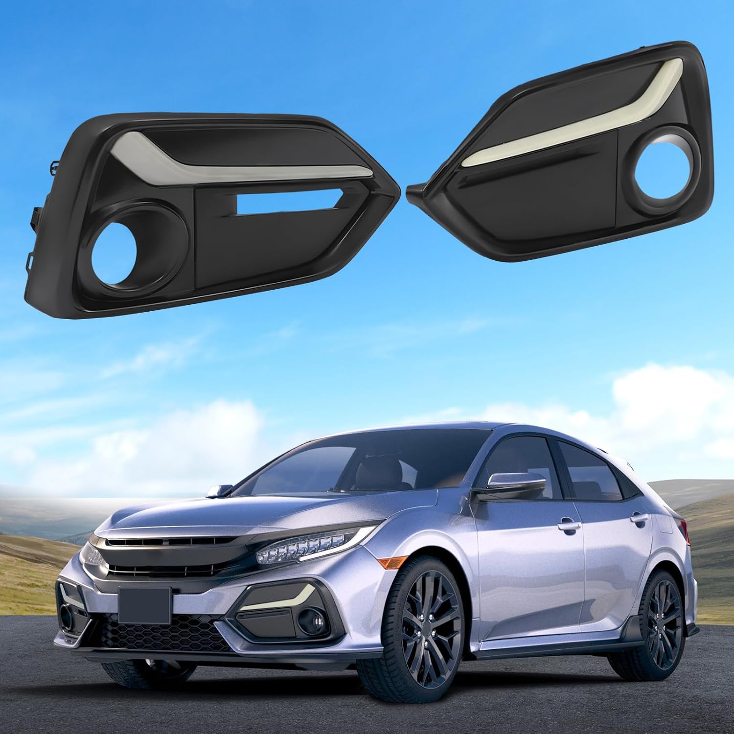 Pair of Fog Light Covers for 2017-2021 Honda Civic 4-Door Hatchback Models(Not Fit Regular Coupe/Sedan/Si/Type R Models)，Left Driver&Right Passenger Side Front Fog Lamp Covers Replacement