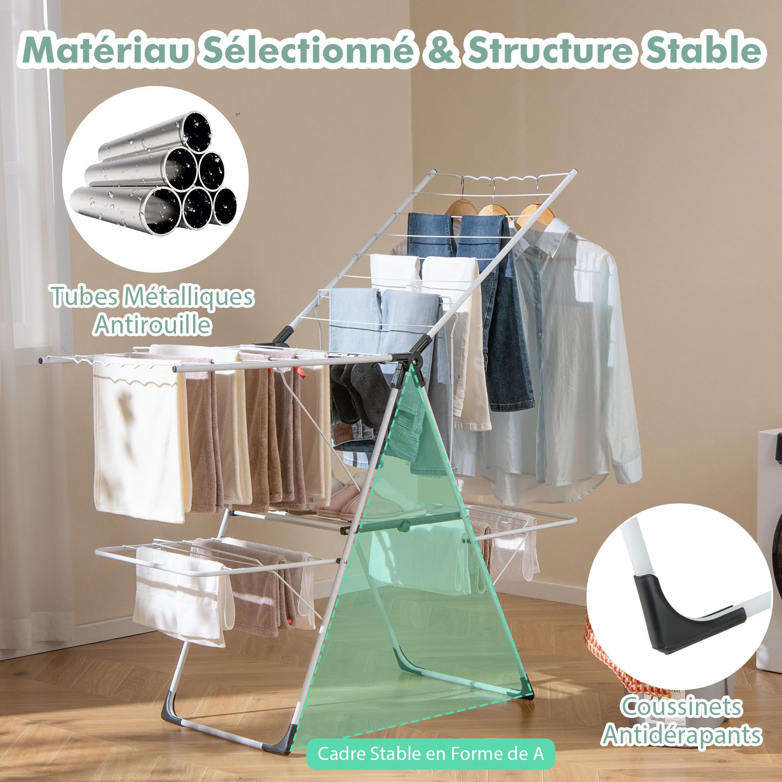 GIANTEX Étendoir à Linge Pliable à 2 Niveaux, Séchoir à Linge Pliable avec Ailes Réglables, Clips Utiles, Cadre Stable en Acier Inoxydable en Forme de ‘A’, Séchoir sur Pied pour Intérieur et Extérieur