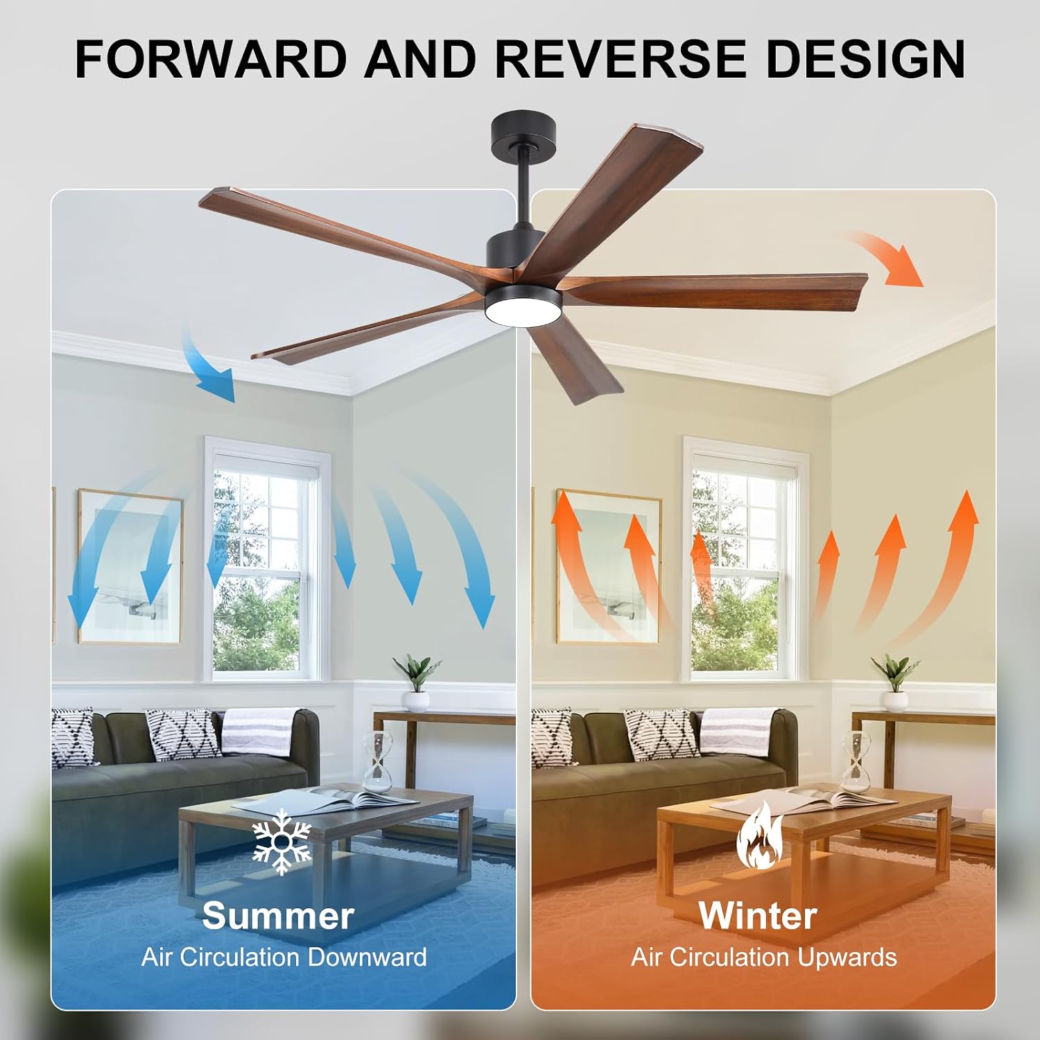 60" Solid Wood Ceiling Fan with Light & Remote Control Quiet 5-Blade Reversible DC Motor, High CFM Smart Timing for Indoor/Outdoor Patio, Bedroom, Kitchen (Modern Farmhouse Design)