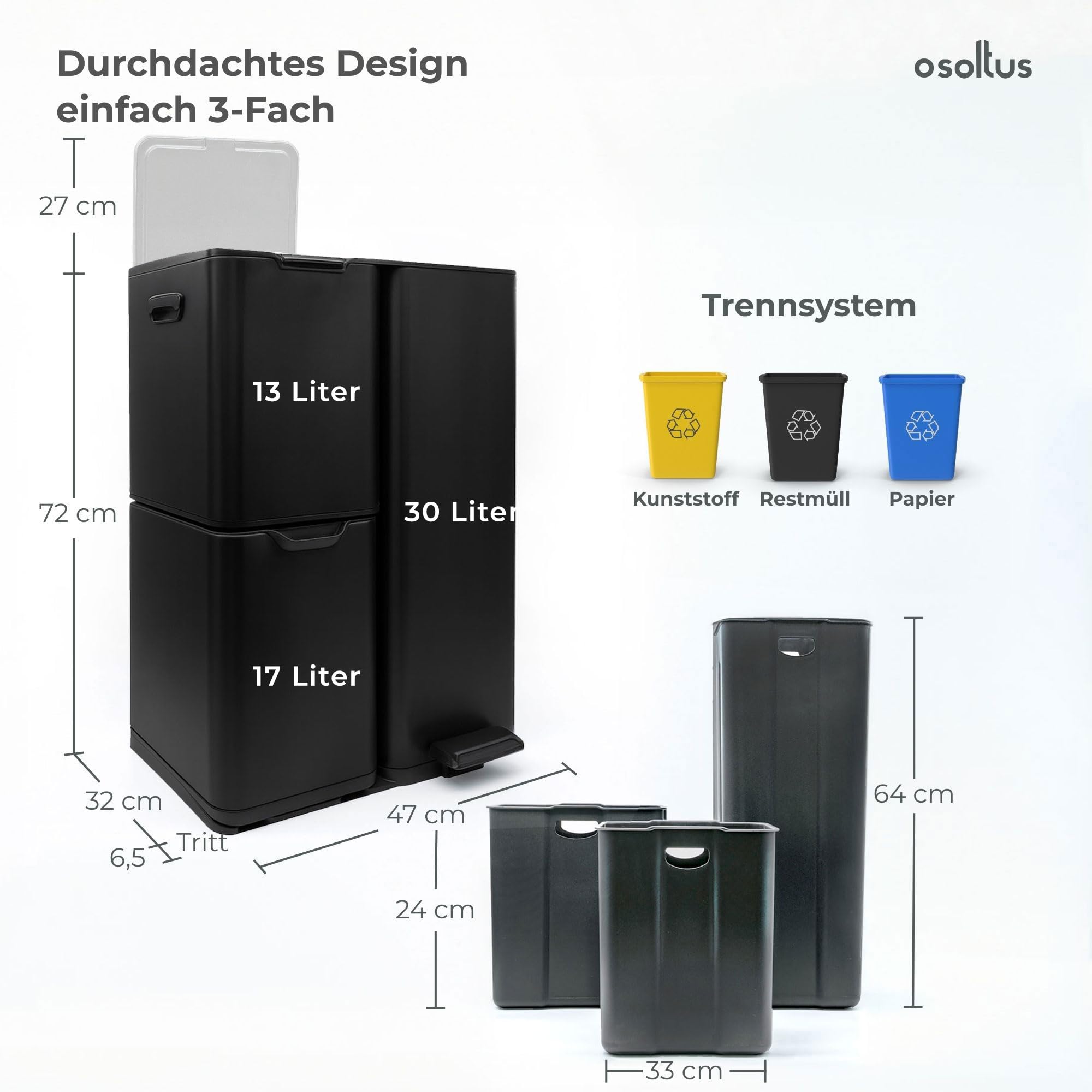 osoltus Mülleimer Abfallsammler Softclose Edelstahl hoch (60 L (30 + 17 + 13 L) schwarz)