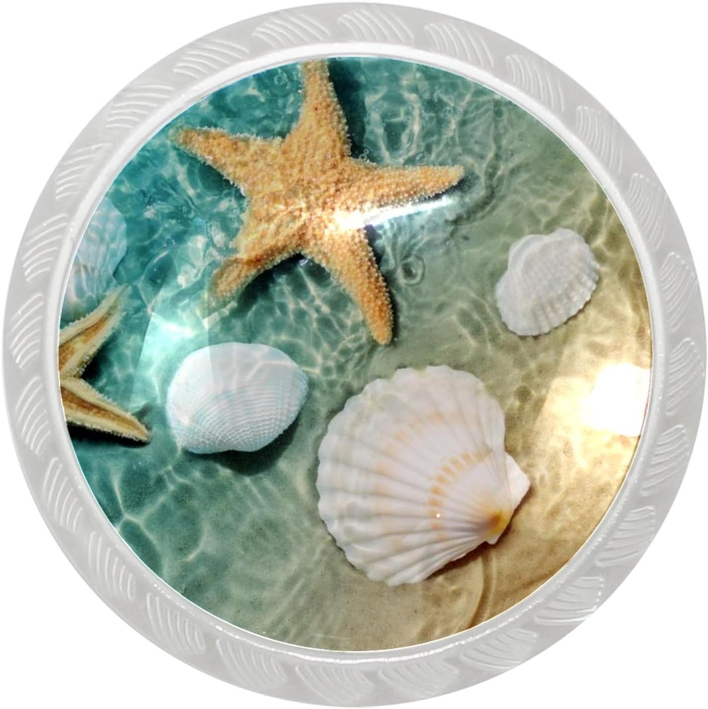 4Pcs Clear Cabinet Knobs, Beach Starfish Seashell Kitchen Cabinet Round Glass Knob for Dresser Drawer Closet Cupboard Dresser Pulls Handles Cabinet Hardware for Kitchen Bathroom 35mm