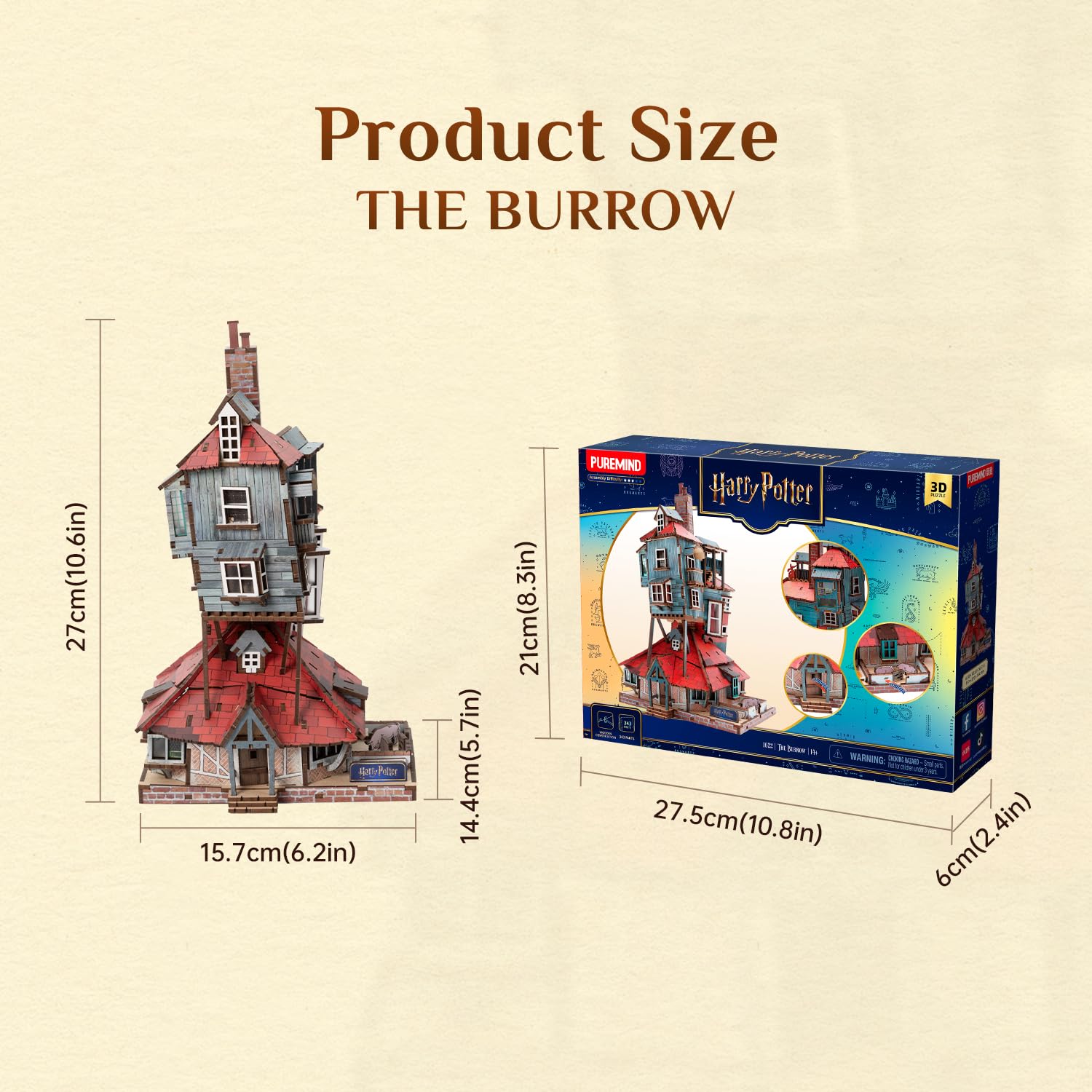 PUREMIND Harry Potter La Tana, Puzzle 3D in legno, casa Weasley senza colla | Licenza ufficiale, regalo Harry Potter, senza colla, porte apribili, 16 finestre, casa Weasley, pezzo da collezione, scaffale