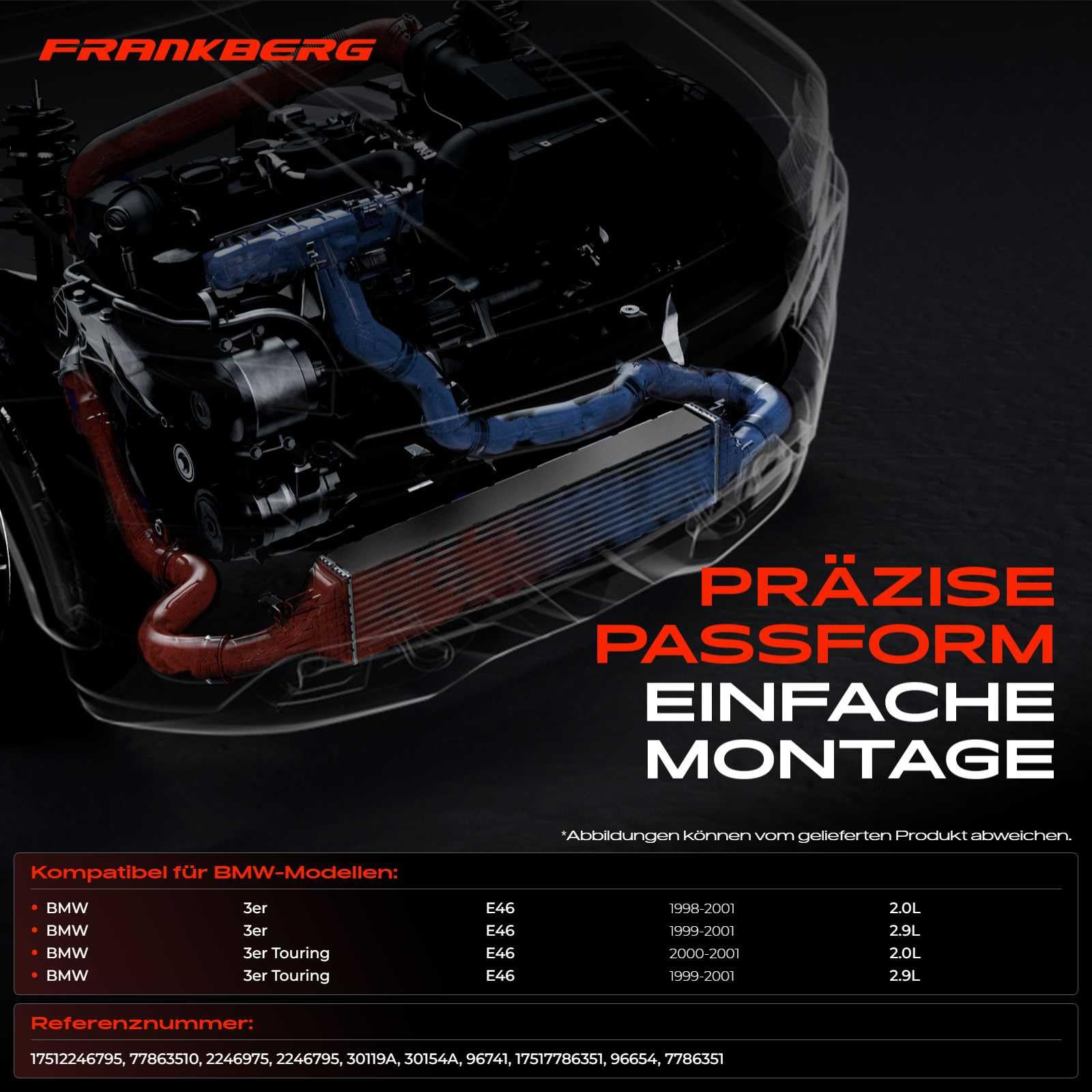 Frankberg Chłodnica powietrza do ładowania turbo chłodnica kompatybilna z serii 3 E46 320d 330d 330xd 1998-2001 3er Touring E46 320d 330d 330xd 1999-2001 2,0L 3,0L Replace # 1751246795