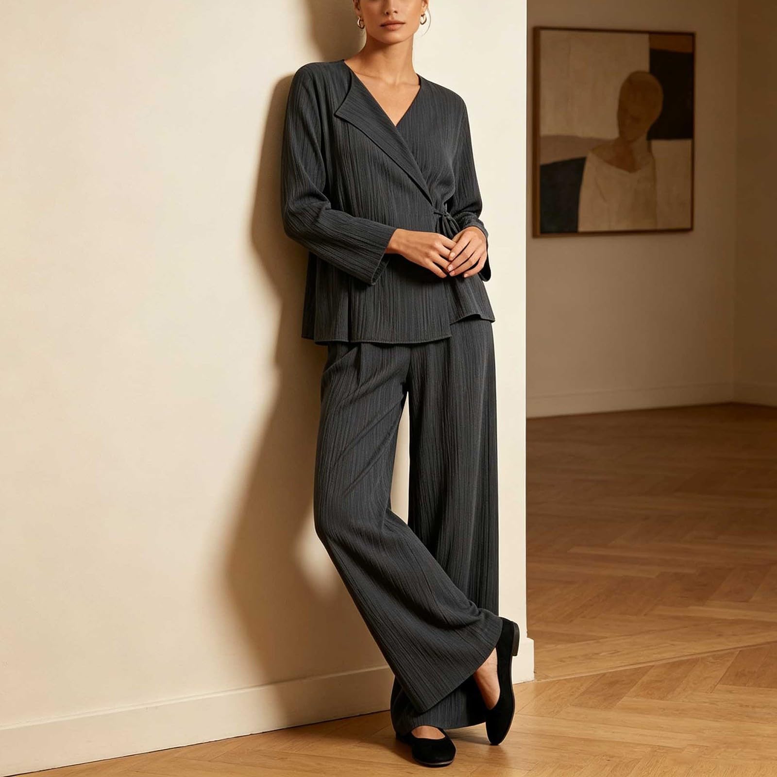 Co Ord Set da donna Primavera Autunno Tie Front Lounge Wear Set Plus Size Casual Allentato 2 Pezzi Abiti per il Tempo Libero Manica Lunga Warp T-shirt Gamba Larga Pantaloni Lunghi Vestito Da Viaggio