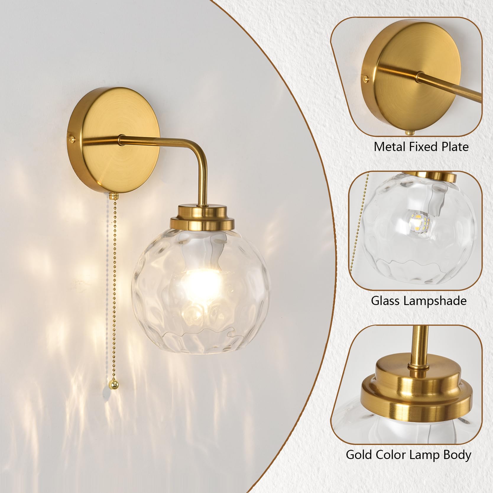 OURLOVEII 2 stuks glazen wandlamp voor binnen met schakelaar, dimbare gouden slaapkamerwandlamp E27 6 W bed leeslamp met heldere glazen bol lampenkap voor badkamer woonkamer nachtkastje
