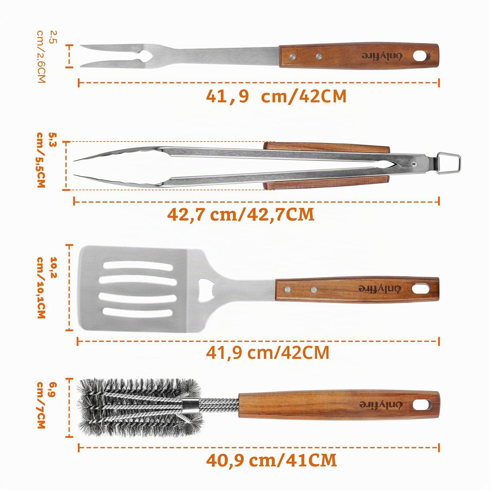 Onlyfire Set de Ustensiles pour Barbecue en Acier Inoxydable, 4 Pièces avec Poignées en Bois