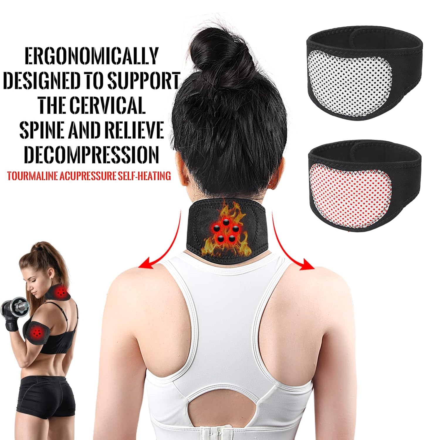 Lot de 2 supports de cou magnétiques souples avec 5 aimants réglables et auto-chauffants pour soulager les douleurs cervicales
