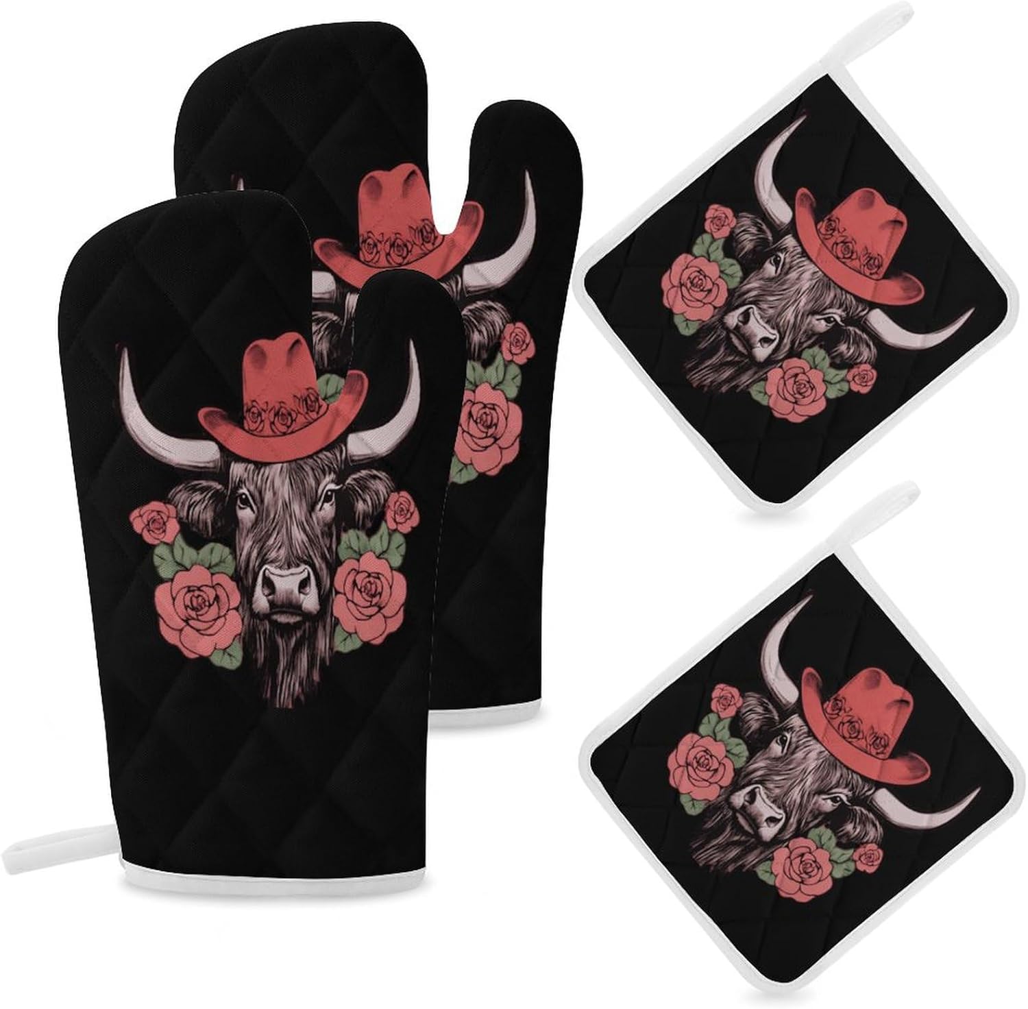 Highland Cow 4 Pcs Oven Mitts and Pot Holders Set High Heat Resistant Long Kitchen Oven Glove Potholders