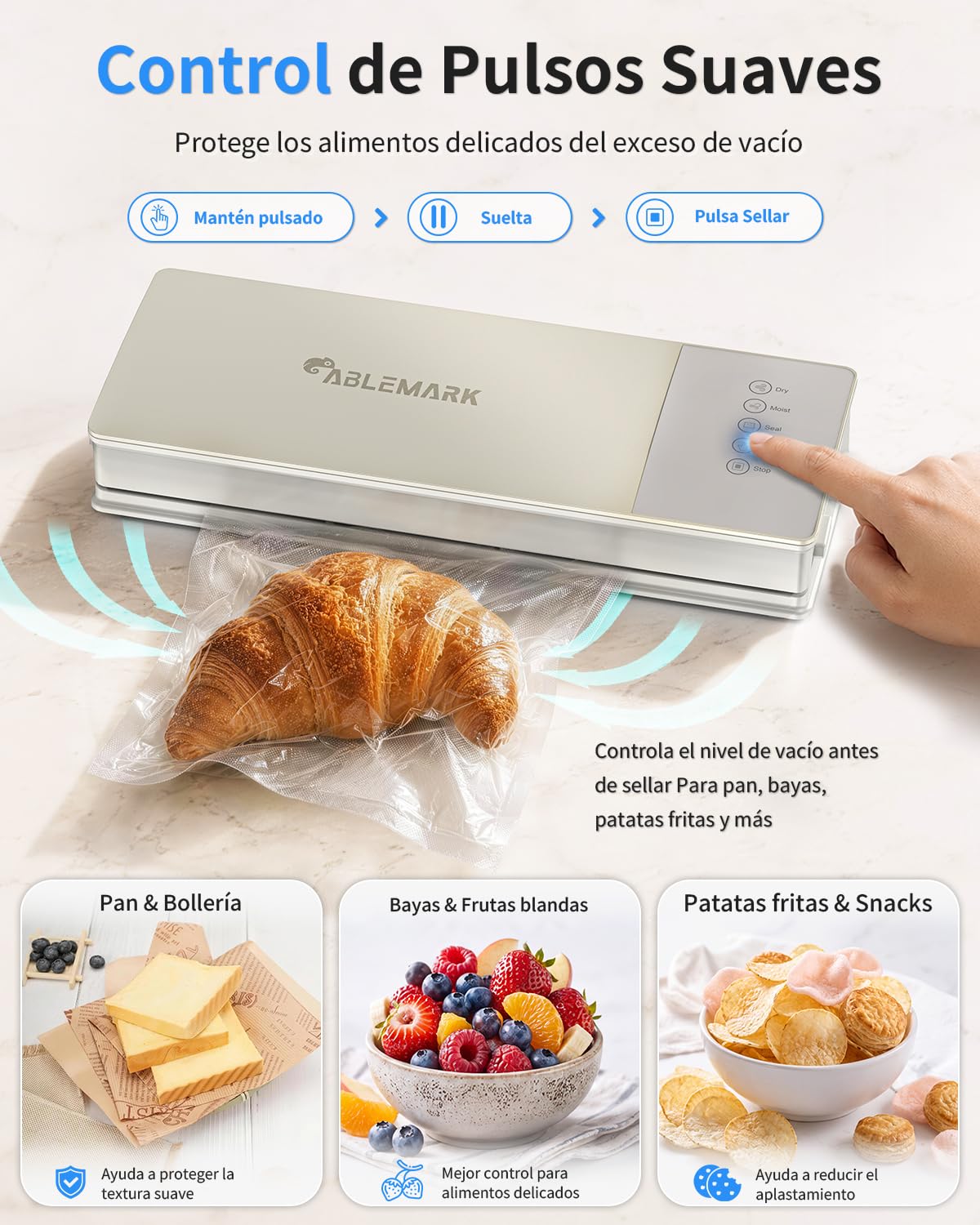 Envasadora al Vacío Doméstica, Seco y Húmedo, Línea de Sellado de 3 mm | Selladora al Vacío 30 cm, Pulse para Alimentos Delicados, Tubo para Recipientes Compatibles, 10 Bolsas Gofradas, Oro Rosa