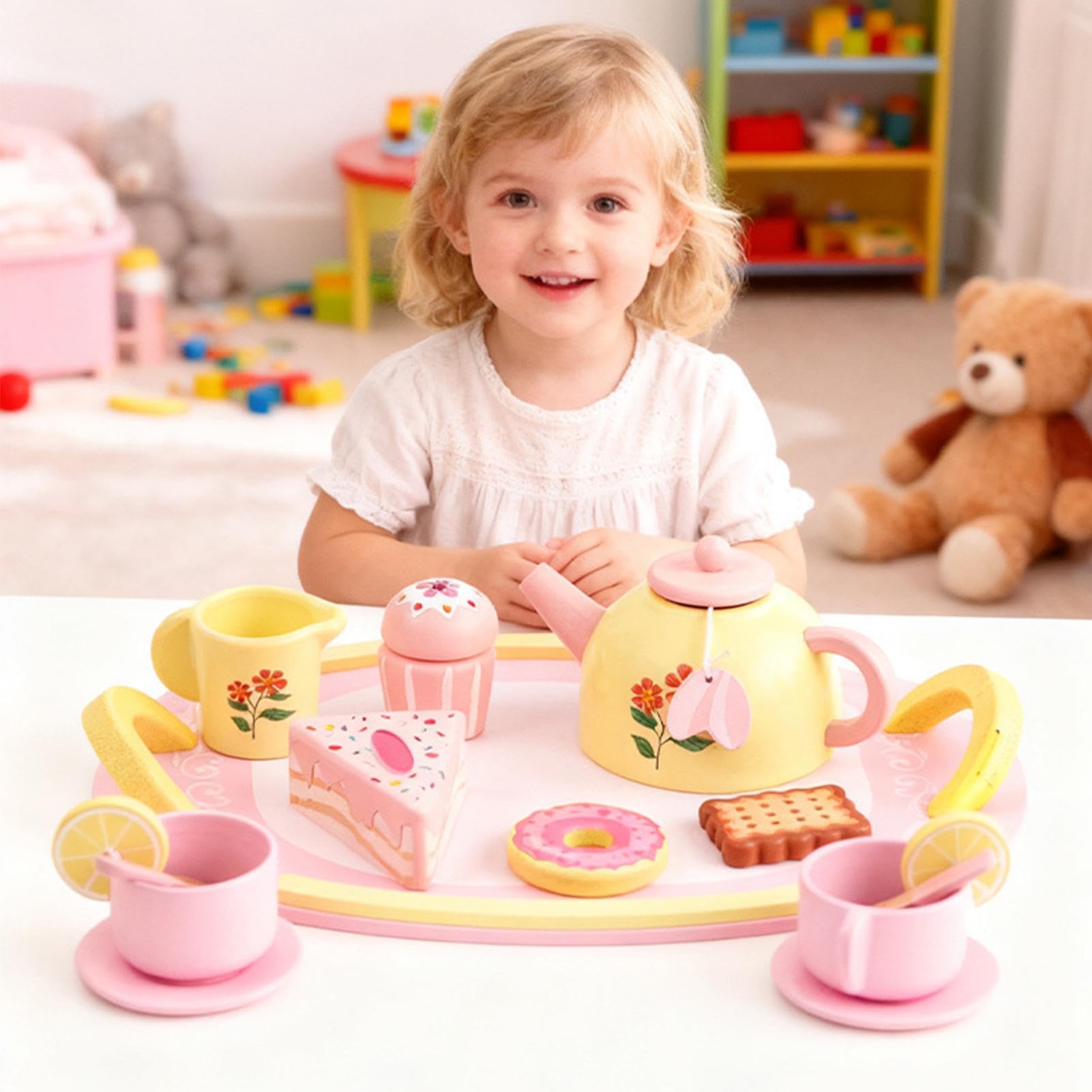 Set Da Tè Giocattolo Per Bambini 16 Pezzi in Legno con Dolci di Imitazione