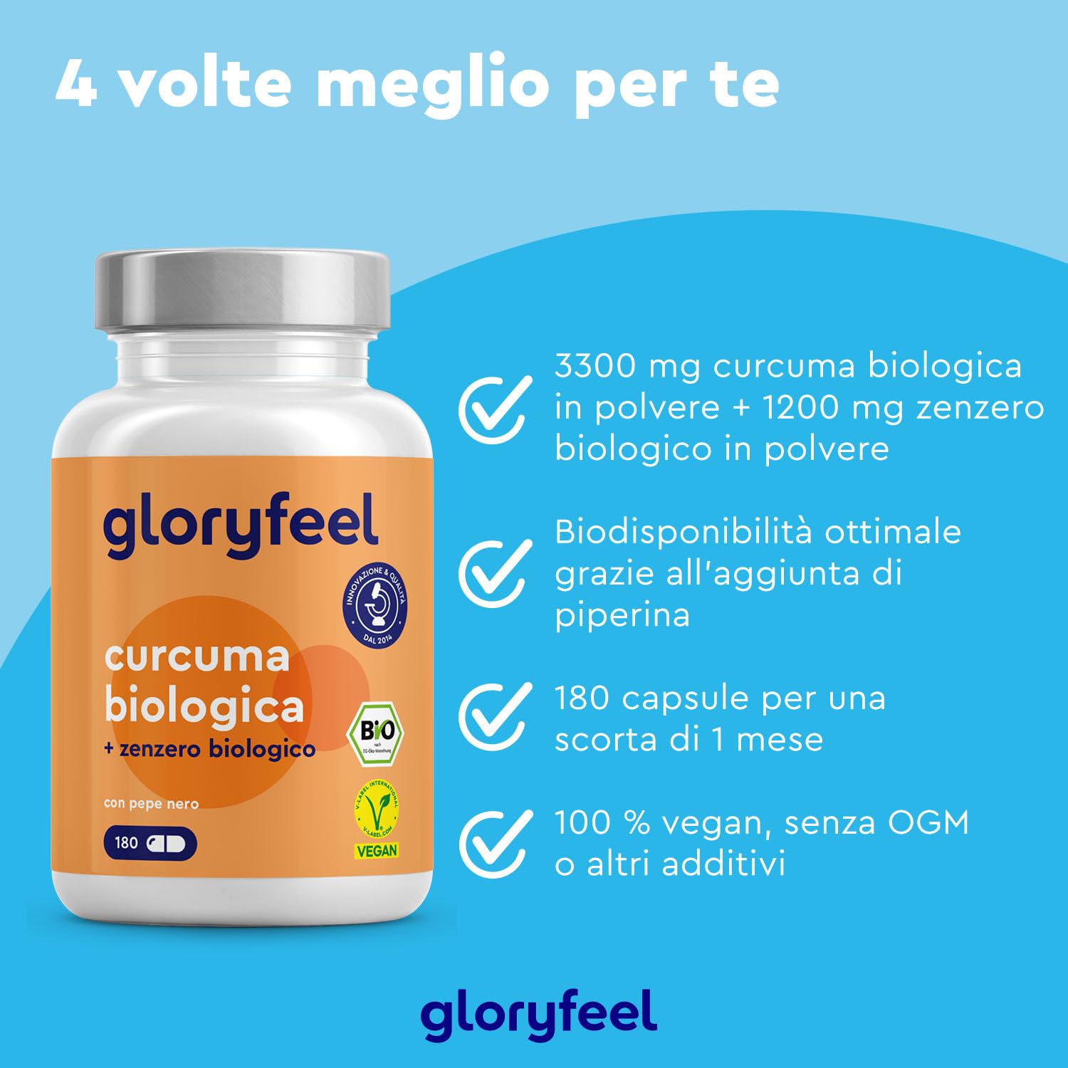 Curcuma ad Alto Dosaggio 3330 mg, 180 Capsule di Curcumina con Pepe Nero e Zenzero, Integratore Bio Antiossidante per Supportare le Funzioni Digestive*, 100% Vegan, Senza Additivi