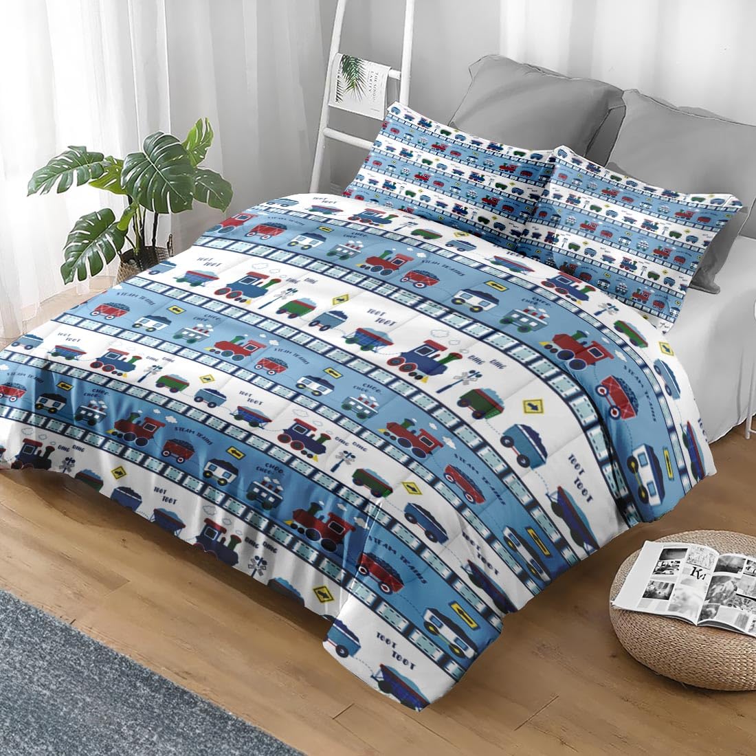 Pamnest Comforter Set Full Size, Cute Cartoon Train Car Soft 3 Pcs Bedding for Kids and Adults, Blue Rail Roads Tracks Comforter Set with 2 Pillowcases for Bedroom Bed Decor