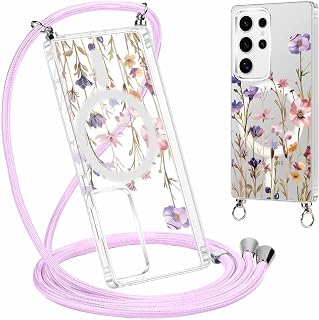 Magnetic Case for Samsung Galaxy S24 Ultra with Adjustable Cord Compatible with MagSafe Aesthetic Transparent Flower with Necklace Shoulder Strap, Collar TPU Silicone Key Case, Flower 4