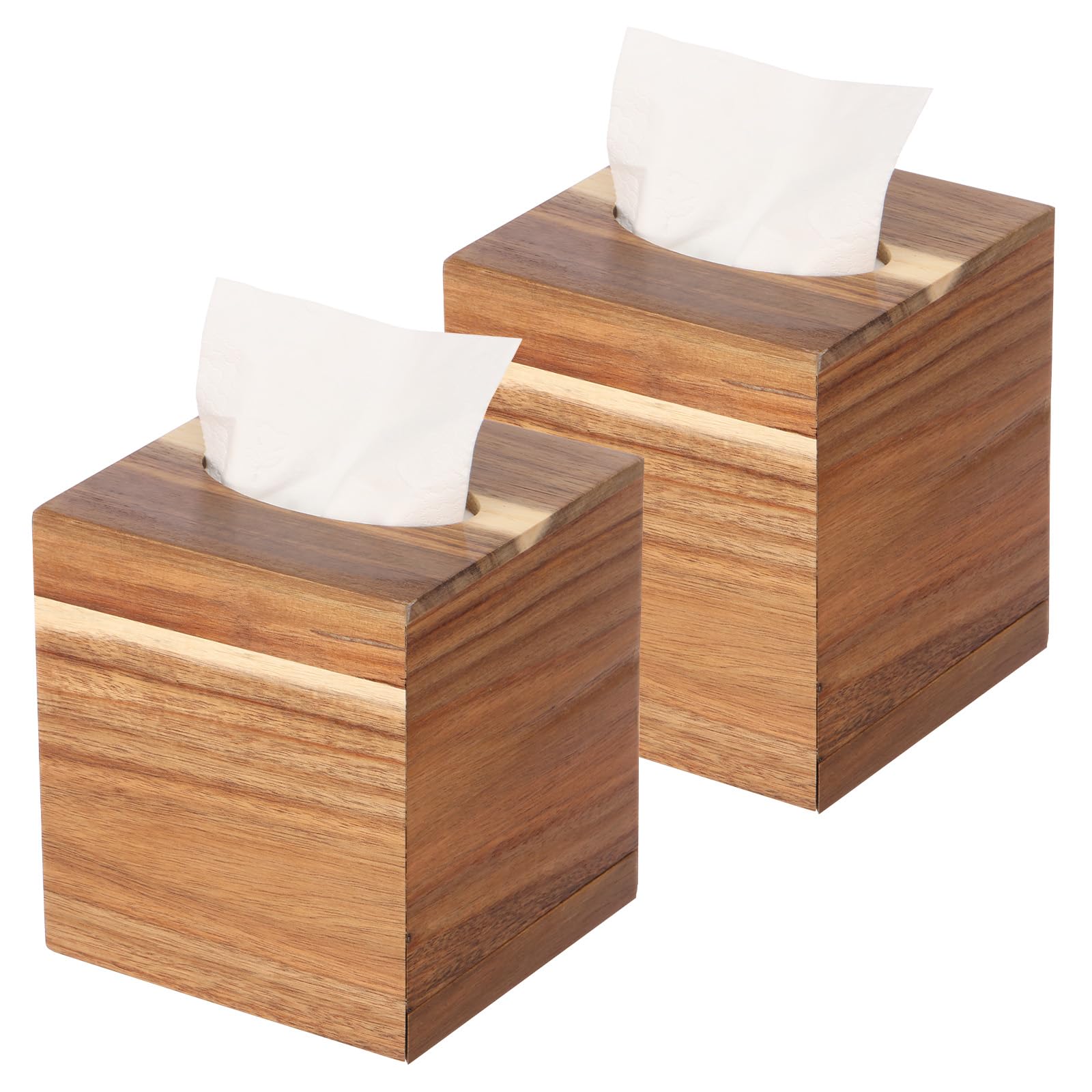 2Pcs Tissue Box Cover,Square Tissue Box Holder,Wood Cube Napkin Dispenser,14x14x15.5cm Dustproof Facial Paper Holder Decorative Tissues Cover for Office Desk, Home and Restaurant