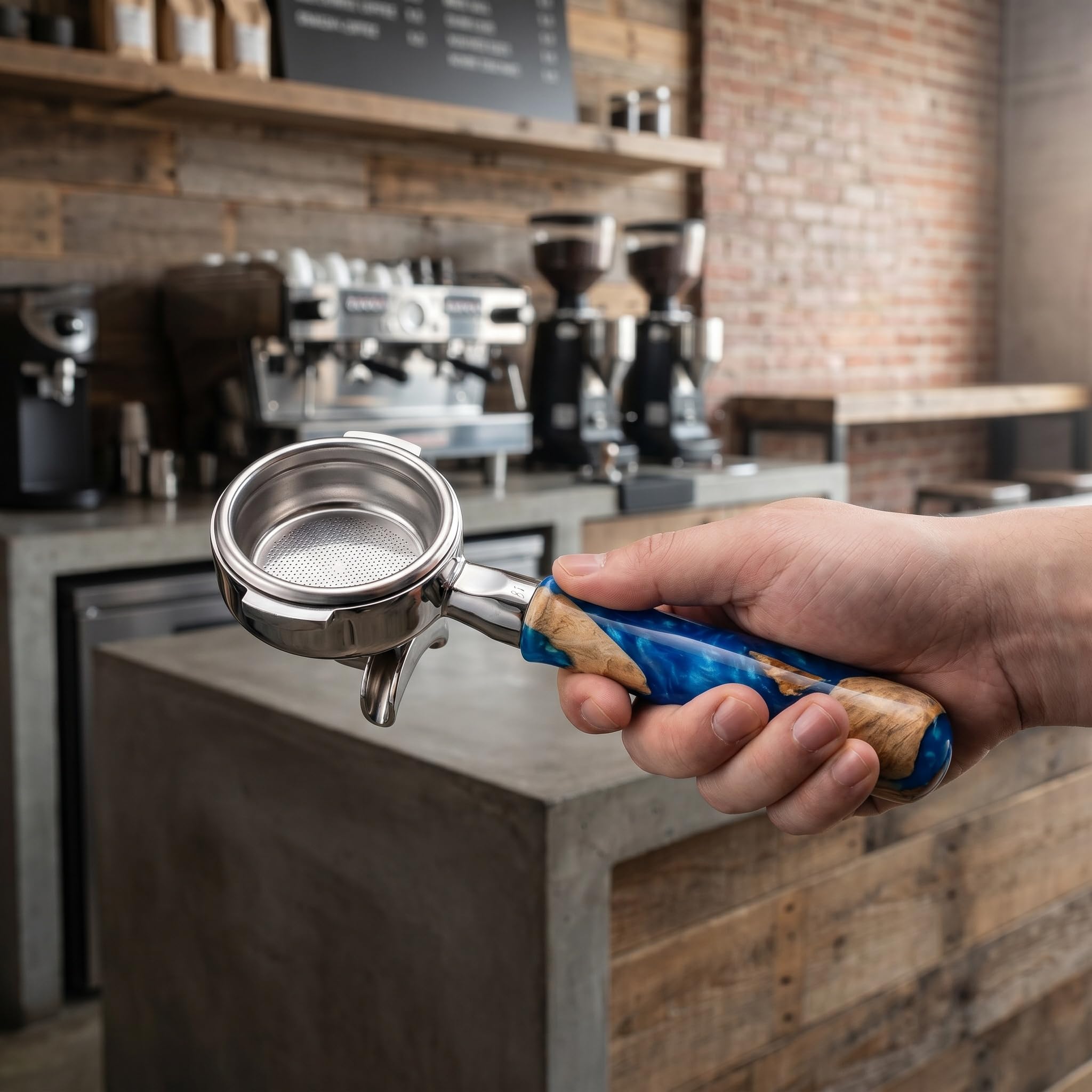 Portafiltro sin fondo E61, portafiltro de café de acero inoxidable de 18 g con mango de madera de resina, accesorio profesional para máquina de café espresso para baristas domésticos y cafeterías