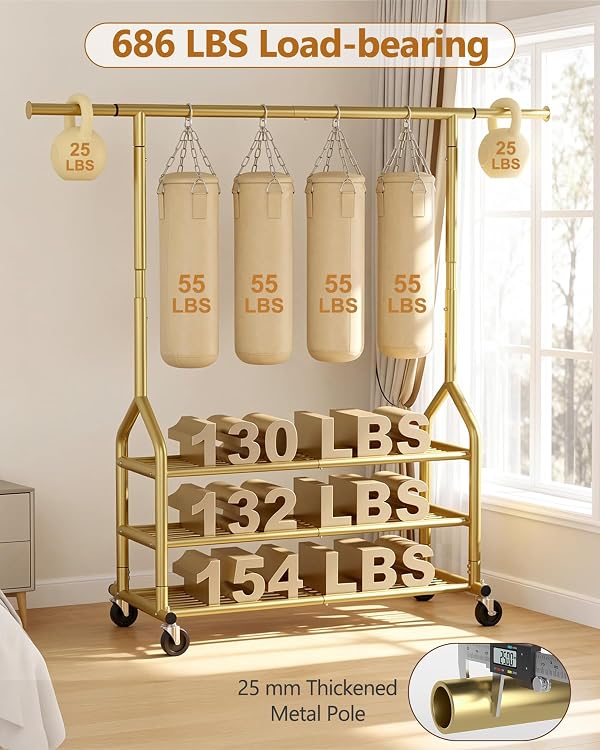EAGMAK Heavy Duty Clothing Rack, Rolling Clothes Rack with 3 Shelves, Gold by EAGMAK - Used condition - Image 2