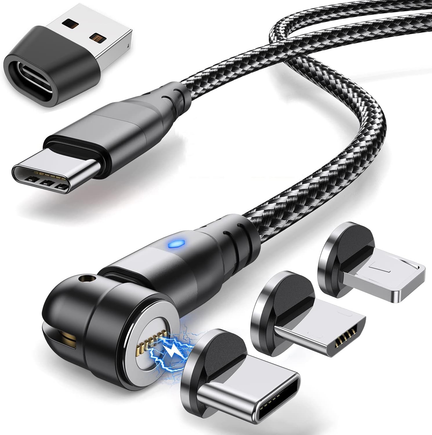 Magnetic Charging Cable 2M, 6 in 1 USB Cable Quick Charge 60 W, USB A/USB C to Type C Fast Charging Cable, 360ยฐ&180ยฐ Rotating Magnet Cable for Micro USB/Type C/iProduct Devices