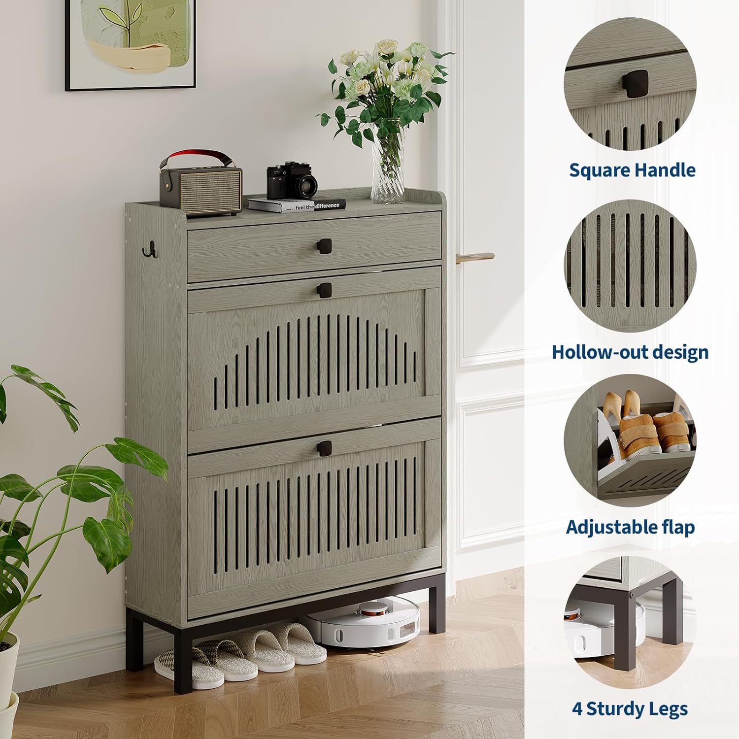 IDEALHOUSE Shoe Cabinet with 2 Flip Drawers and 1 Large Drawer, Wooden Shoe Organizer Cabinet with Adjustable Shelf, Shoe Storage for Entryway, Hidden Shoe Cabinet for Hallway, Living Room, Grey