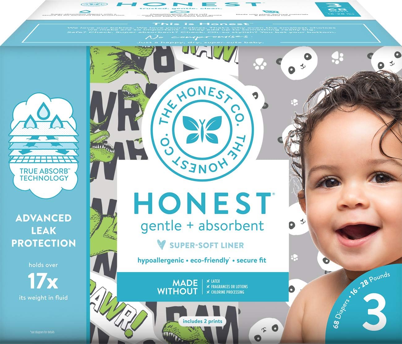 The Honest Company Club Box Diapers with TrueAbsorb Technology, Pandas & T-Rex, Size 3, 68 Count