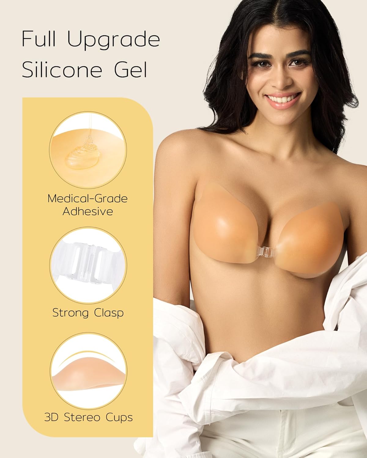 Niidor Sticky Bra Strapless Silicone Adhesive Push Up Invisible Backless Bra for Women with Nipple Covers Wing-Shape Pink - Image 4