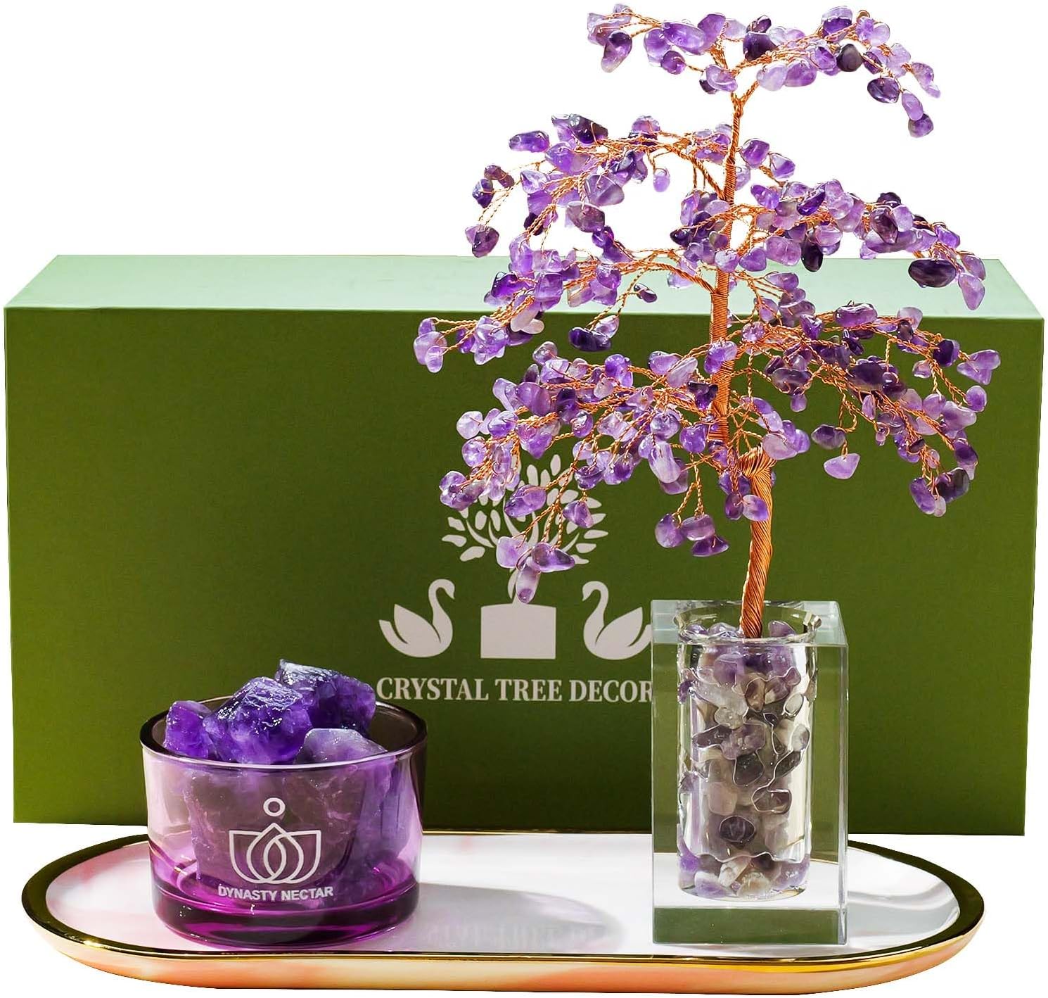 Runyangshi Amethyst Crystal Tree of Life & Natural Crystal Ore Diffuser Set for Office Desk Living Room Home Decor - Gemstone Tree for Money Positive Energy Feng Shui Good Luck Gift for Women and Mom