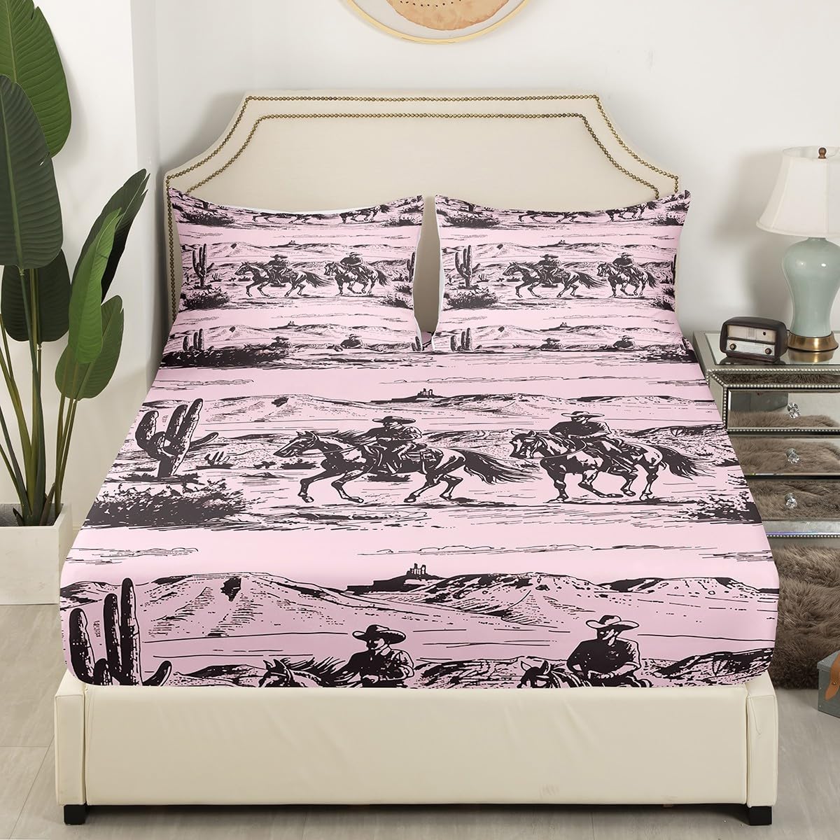 Erosebridal Western Cactus Fitted Sheet Full Desert Bed Sheets for Cowboys Cowgirls Painting American Wild West Sheets Rainbow Colorful Mountain Sunset Room Decor Deep Pocket Bed Set