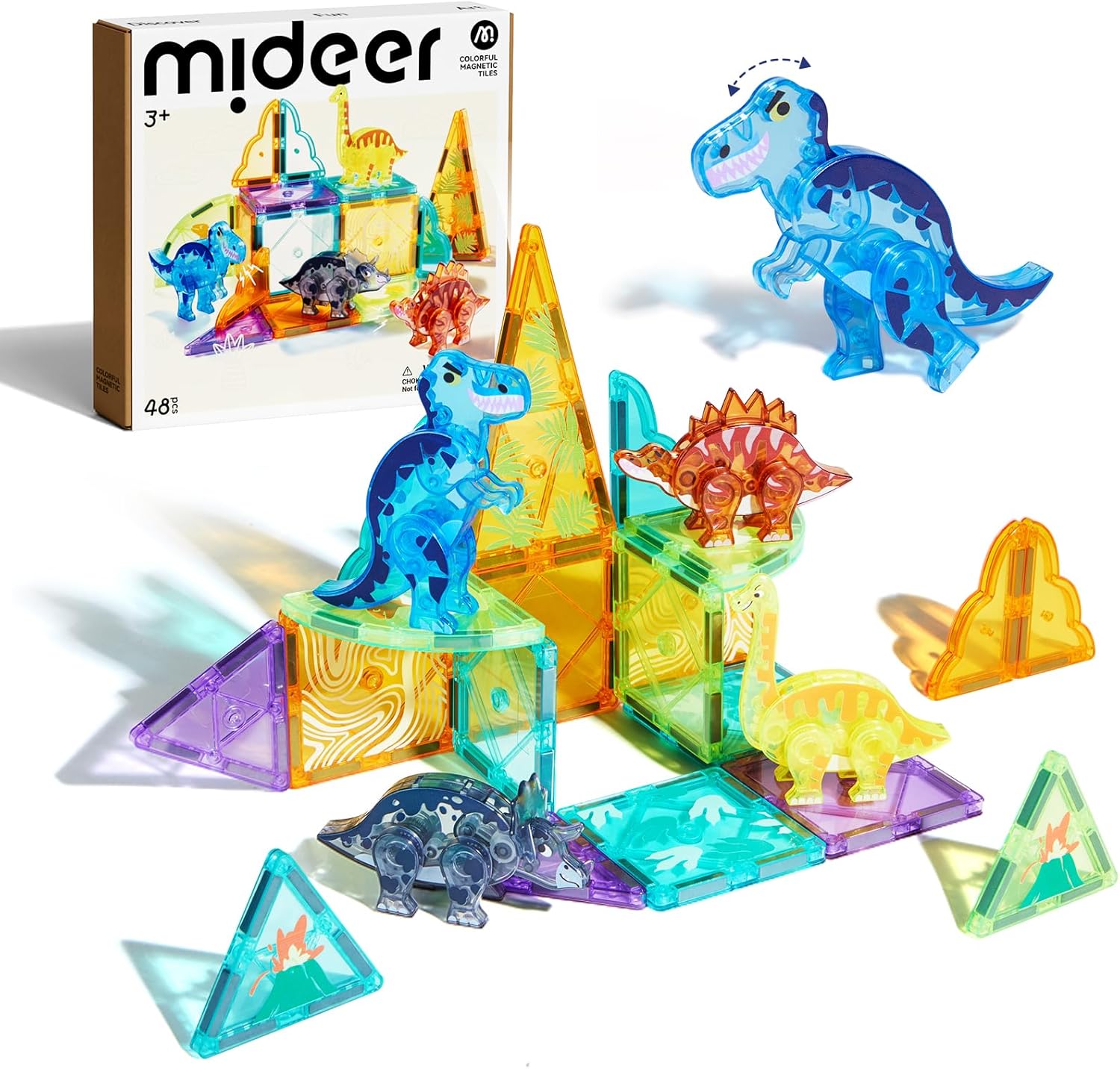 mideer dinosaur toy magnetic tiles 48 pcs, magnetic building blocks for toddler 3-5, educational stack tile construction magnet block stem learning toy for kids age 3-5 4-8