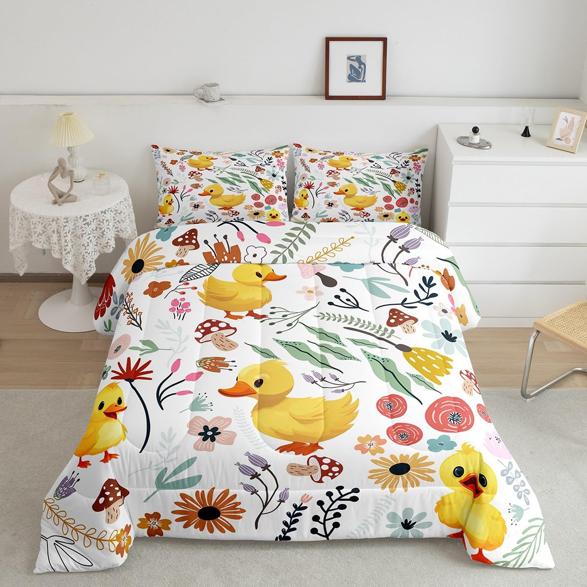 Erosebridal Kawaii Duck Comforter Set Mushroom Floral Twin Bedding Sets for Boys,Cartoon Animal Quilt Watercolor Flowers Leaves Toddler Duvet Insert for Girls Kids Children,Cute Room Decor