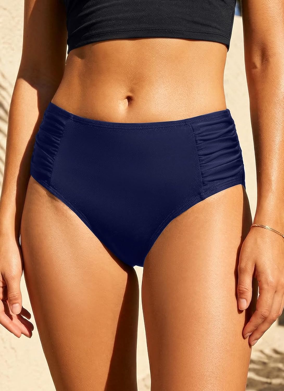 Tempt Me Women Bikini Bottoms Mid Waist Bathing Suit Swimsuit Ruched Swim Bottom