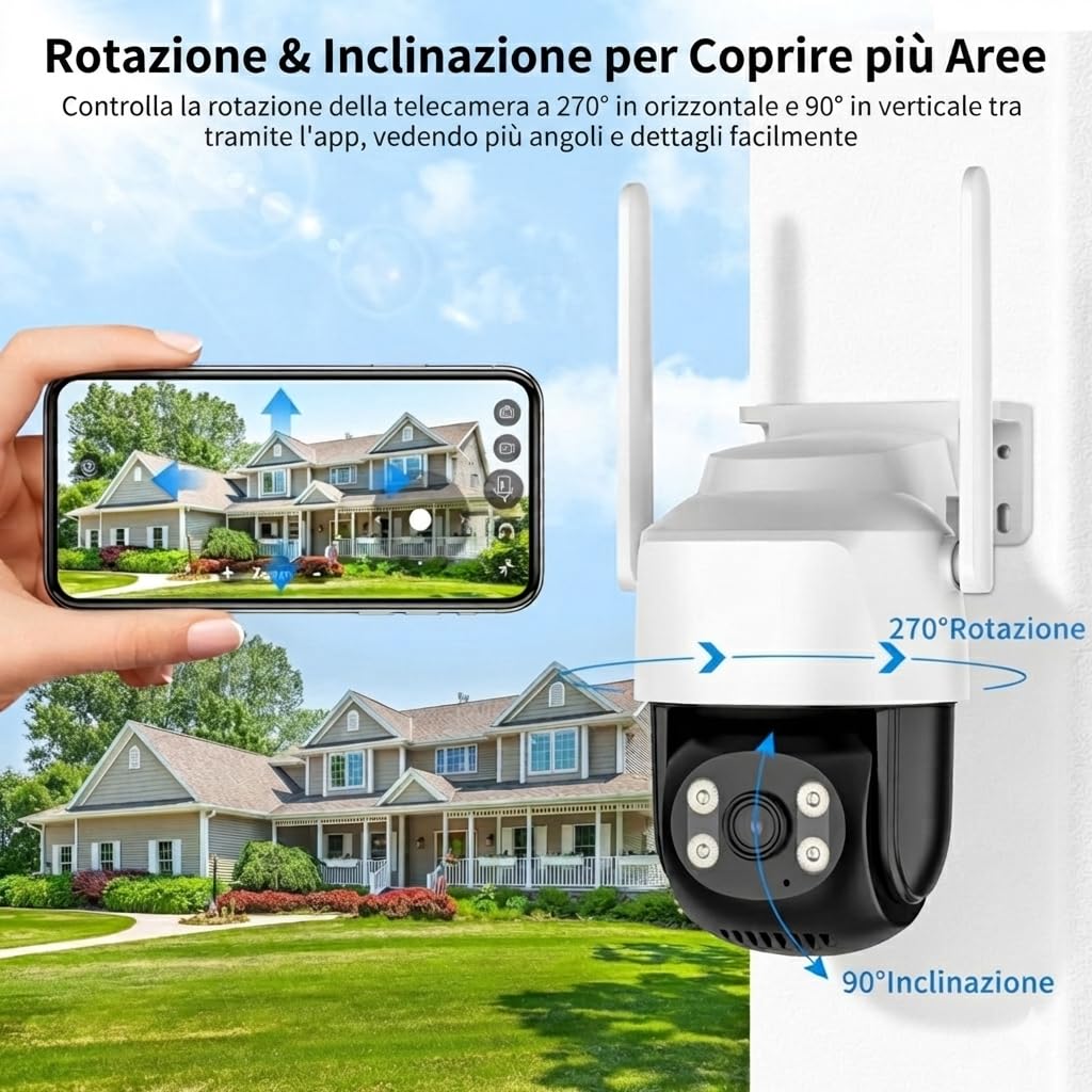 Nuwo 2K Telecamera Wi-Fi Esterno PTZ | 270°Pan/90°Tilt | Videocamera Sorveglianza IP Visione Notturna a Colori | Audio Bidirezionale | Rilevamento del Movimento | Allarme Sonoro e Luminoso | IP66