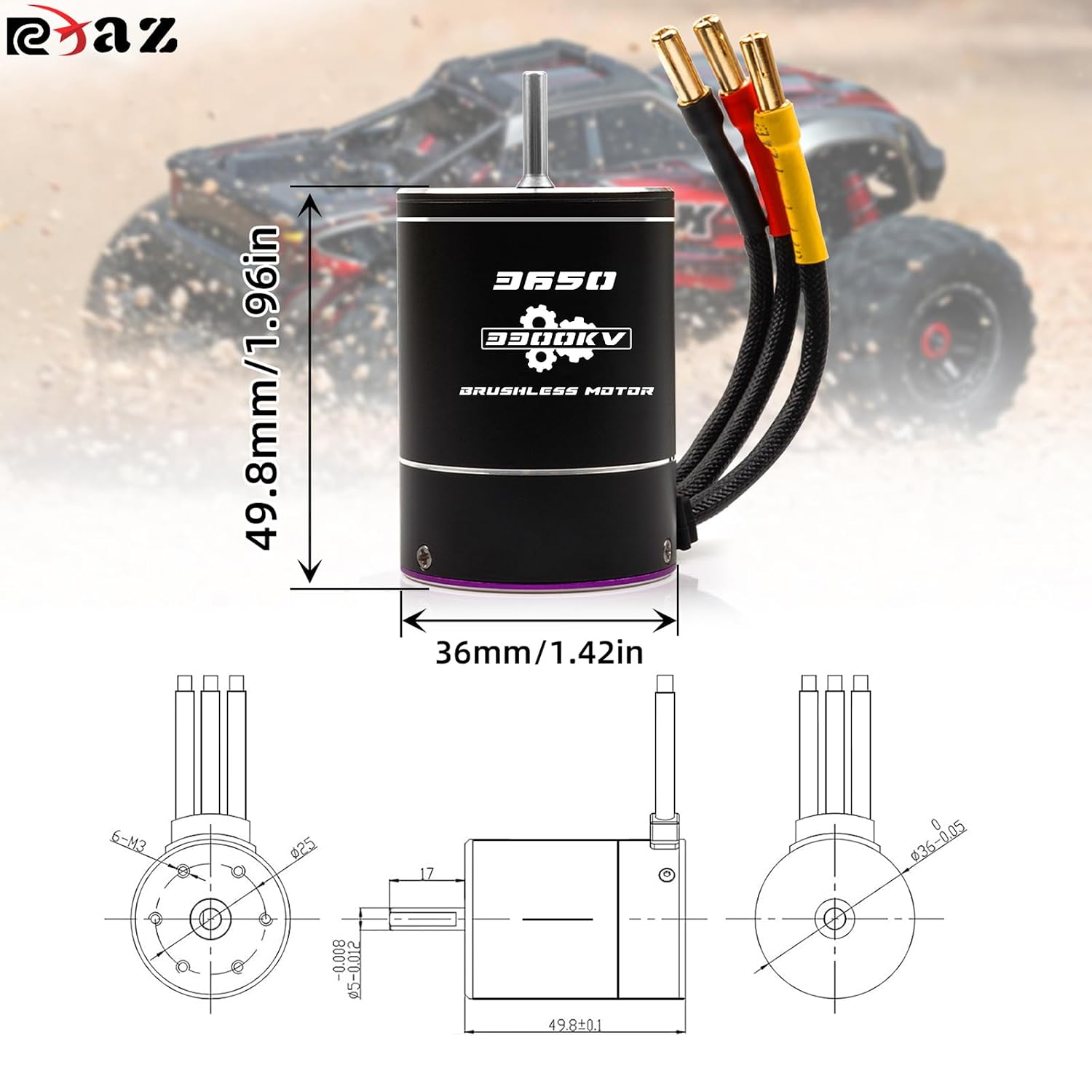 550 3650 Brushless Motor 3.175mm Shaft 1/10 3300KV Waterproof for 1:10 Scale RC On-Road Climb Race Drift Car Traxxas TRX4 Axial SCX10 (3300KV)