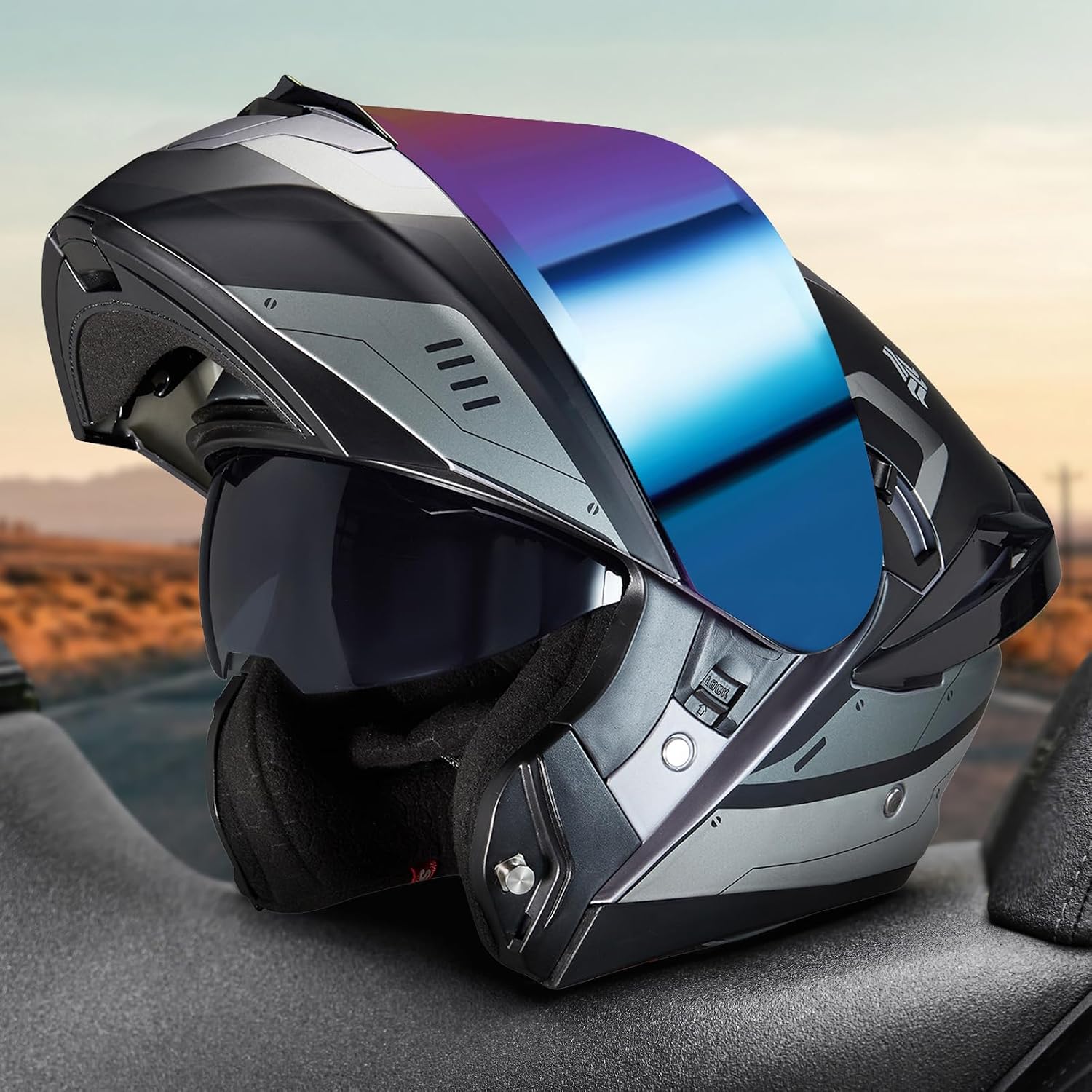 Modular Motorcycle Helmet Dual Visor Flip Up Full Face Helmets SJ-809 DOT Approved for Adults Men Women (Gray Mech Man, L)