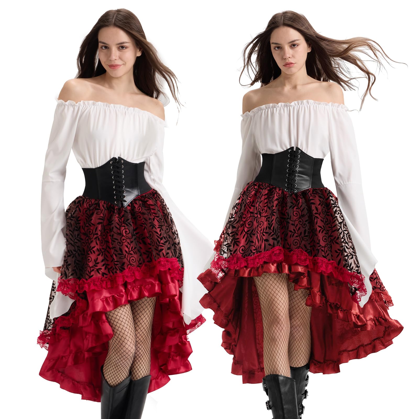 Charmofun Disfraz de Pirata para Mujer, Vestido Medieval Mujer con Top Con Hombros Descubiertos, Corsé de Pirata, Costume Victoriano Renacentista para Carnaval Halloween Cosplay (Rojo, L)