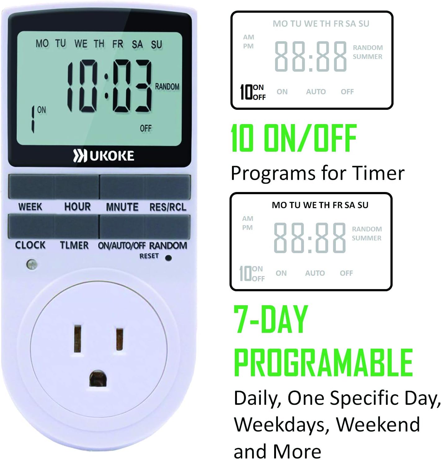 UKOKE UTM01WFBA UTM01W, Appliance, 7 Day Weekly Programmable Outlet, Wall Switch, Digital Light, Plug-in Timer for Electrical Outle (1 Pack)