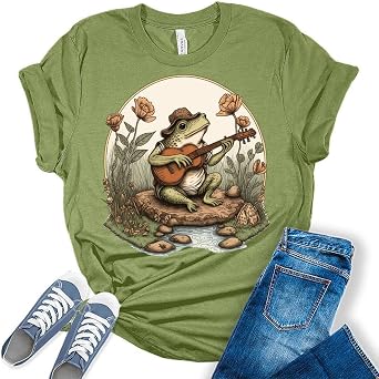 Cottagecore Shirt Aesthetic Frog Playing Guitar On Rock T-Shirt Womens Graphic Print Bella Y2k Top