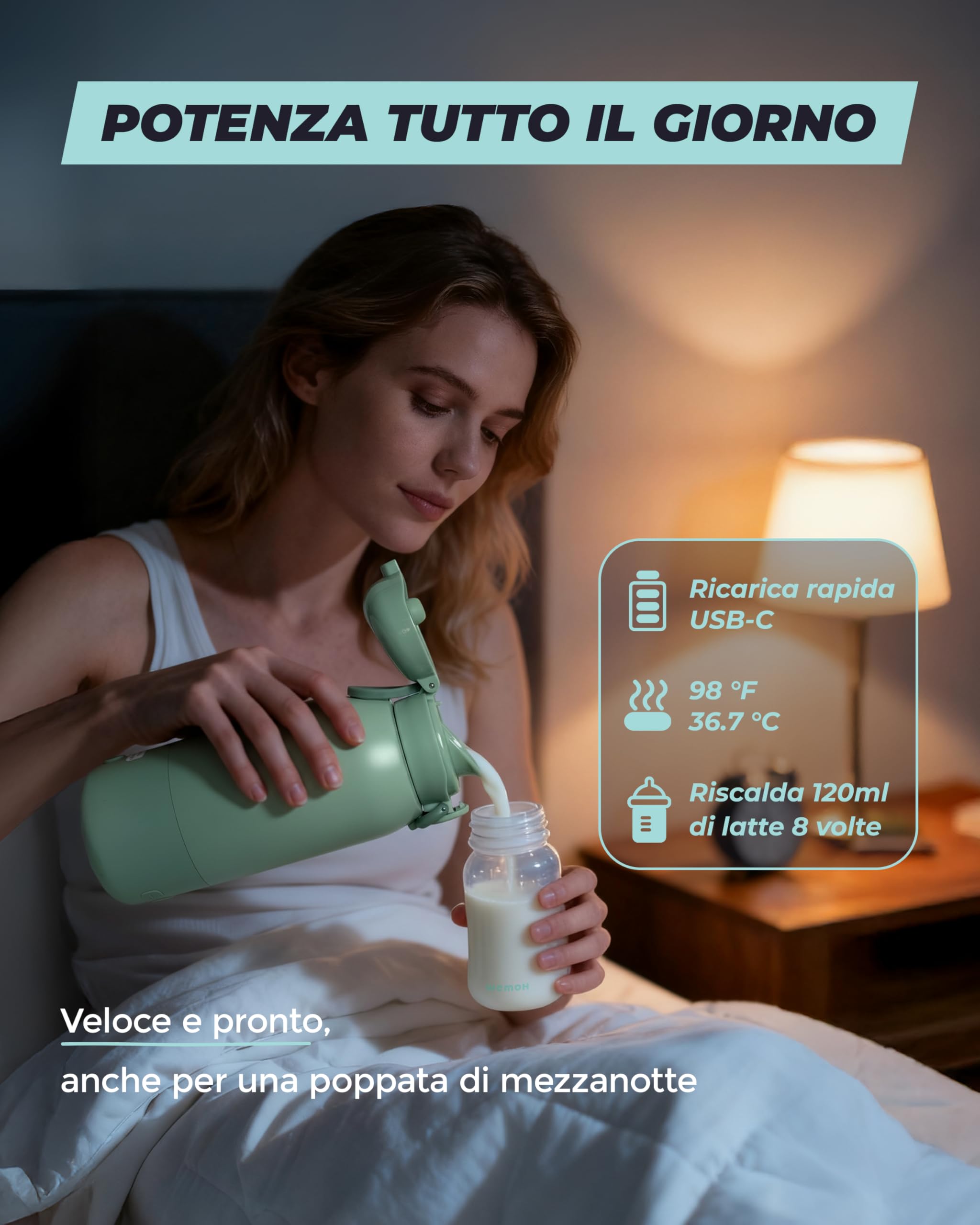 Scalda Latte Portatile: Autopulente, controllo temperatura, 8 poppate/carica, 450ml, 100W per latte materno, formula e acqua