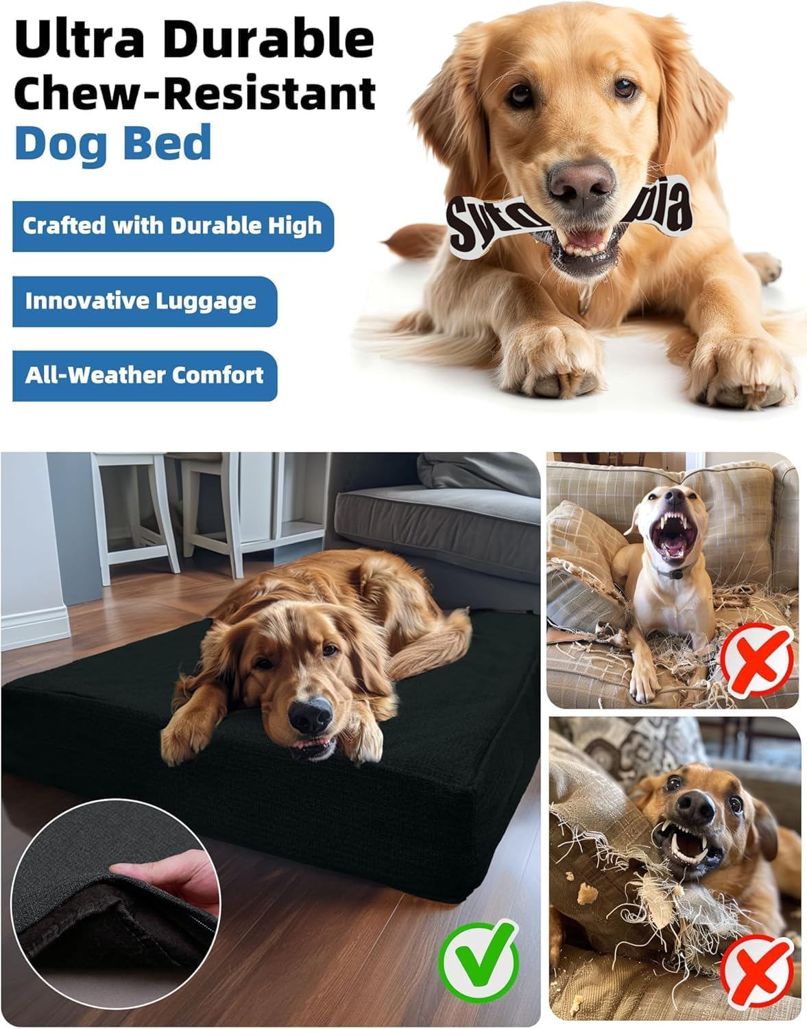 Sytopia Orthopedic Dog Bed for Extra Large Dog 42 Inch, Outdoor Washable Dog Bed, Waterproof Durable Pet Bed Removable Cover, Anti-Slip Bottom, Durable Crate, Chew Proof Pet Matress, XL, Light Grey