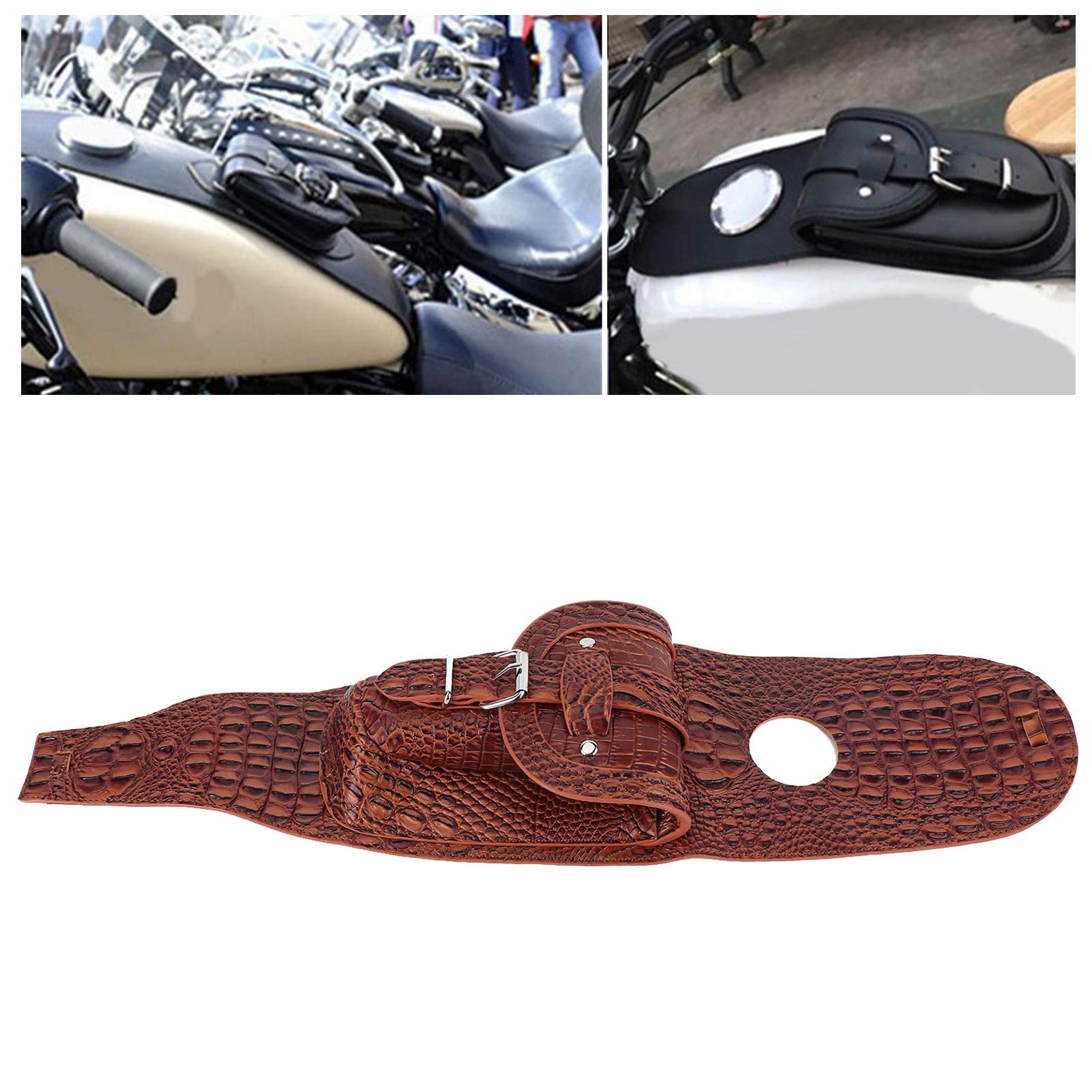 Klanata PU Leather Motorcycle Tank Bag, Gas Fuel Tank Cover for Motorcycles (Brown Crocodile)