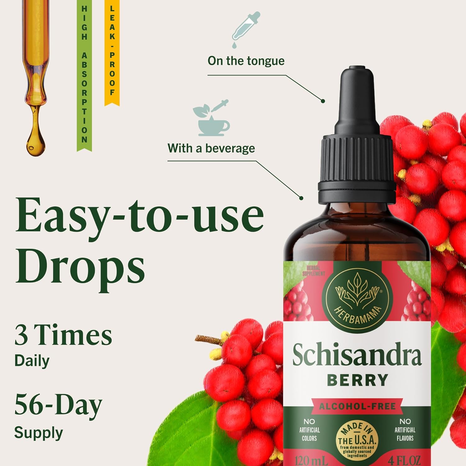 HERBAMAMA Schisandra Supplement Drops - Vegan Relaxation & Mood Support with Schisandra Berry Extract - Non-GMO, Alcohol & Sugar-Free Liquid Calming Tincture, 56-Day Supply