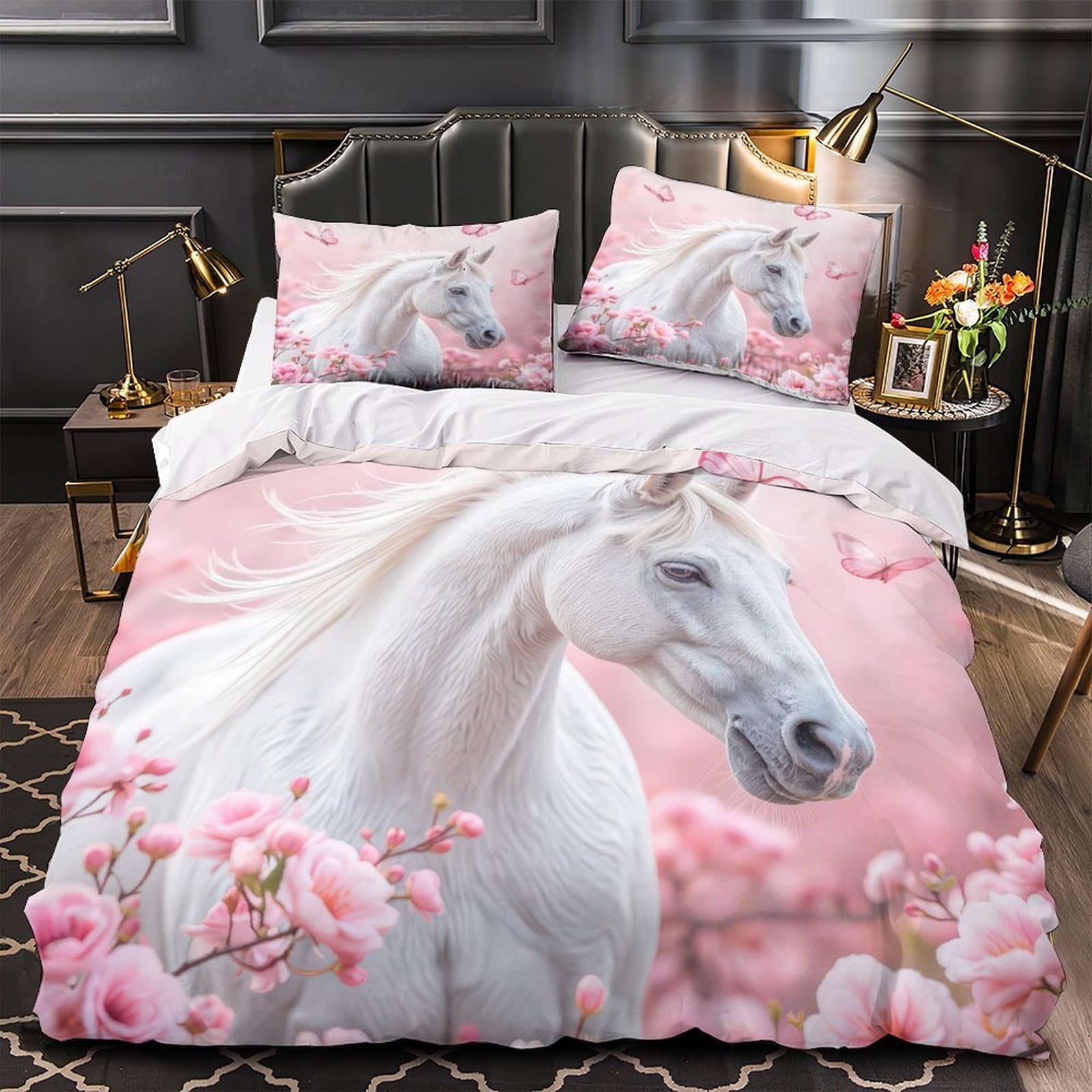 Housse de Couette Cheval Blanc 220x240 cm en Microfibre Ultra Douce avec Fermeture Éclair