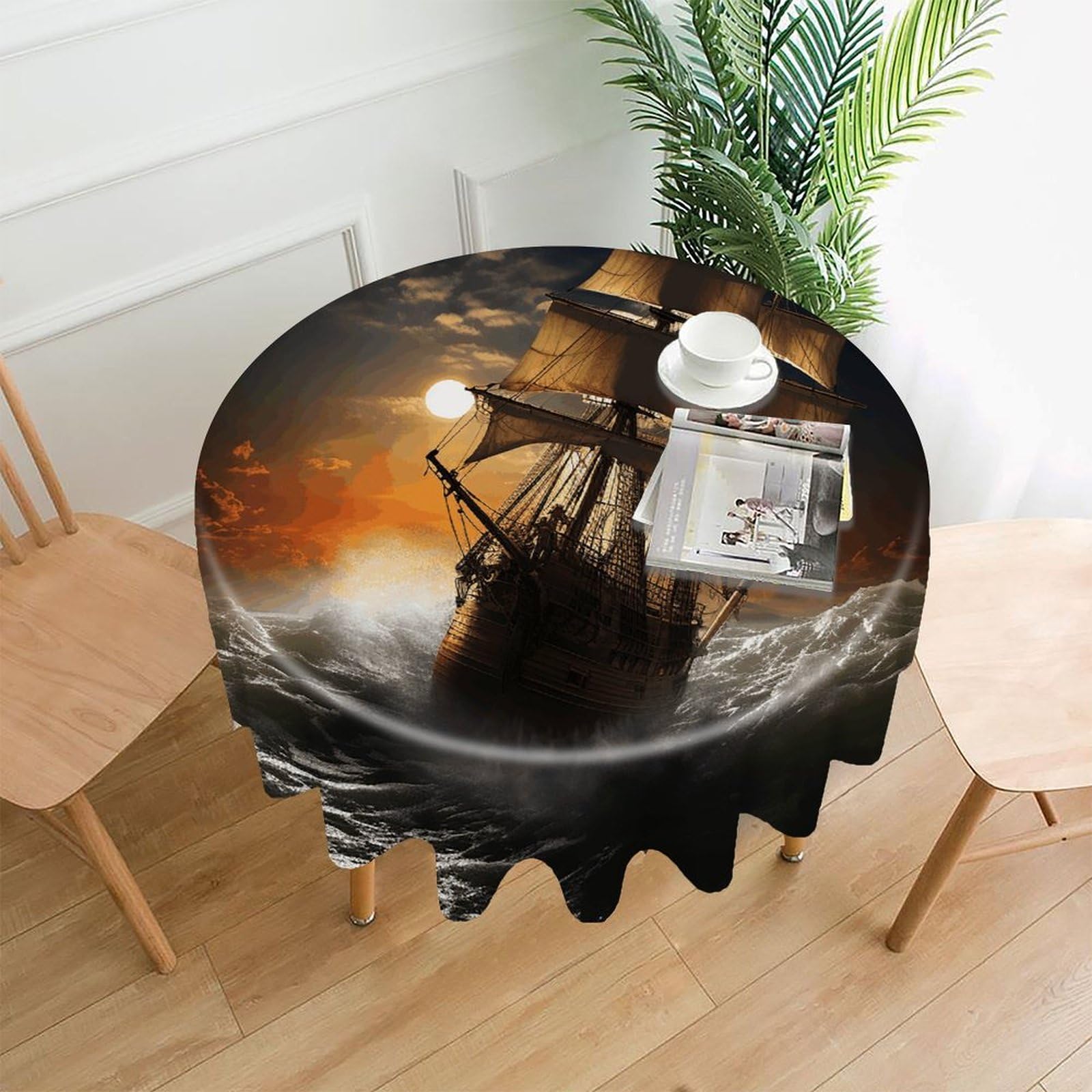 VstaDank Sailing Ship in Storm Tablecloth Easy to Clean Polyester Round Table Cover Washable Round Table Cloth Wrinkle-Free Circle Decoration Tablecloth for Kitchen Dining Room 60"