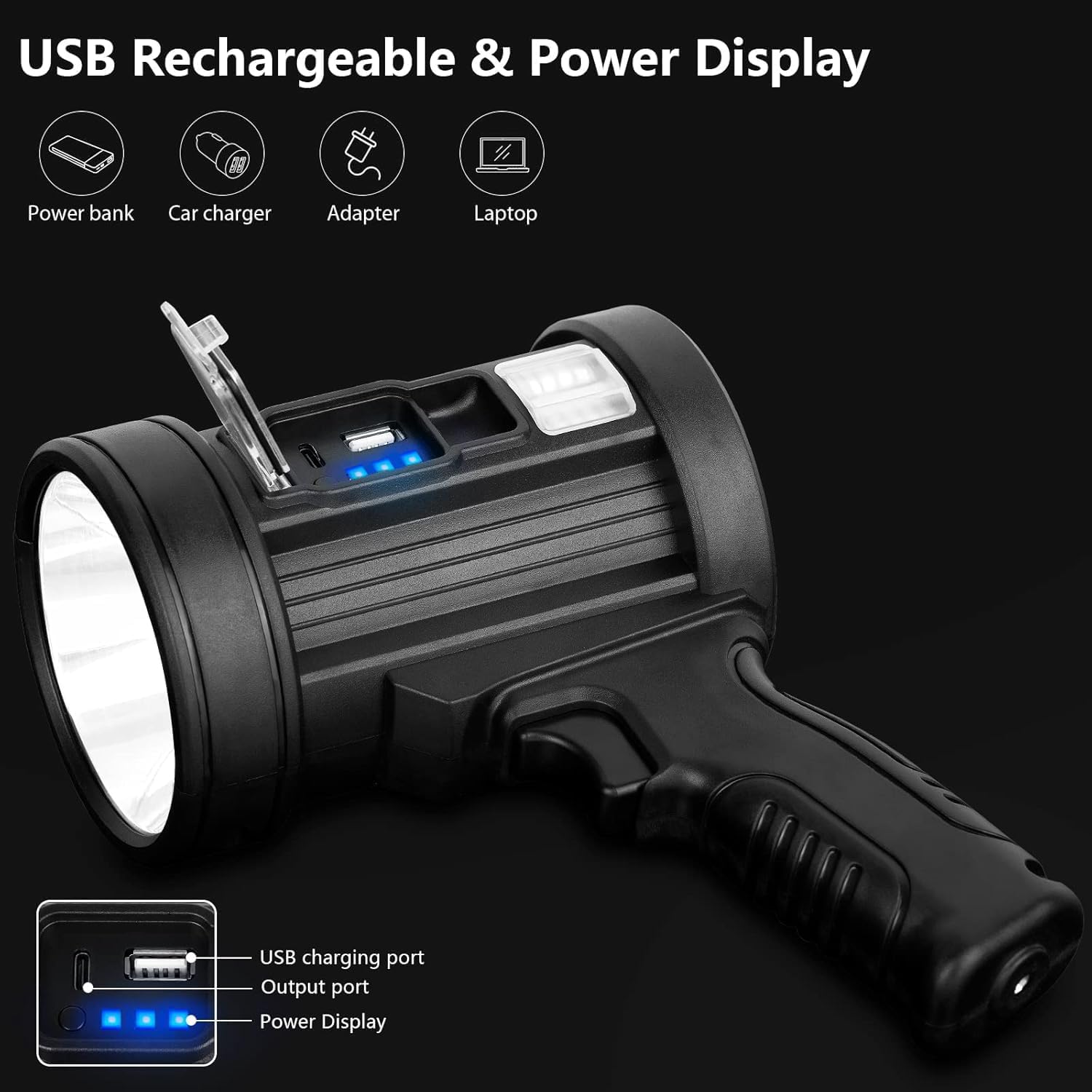 MIXILIN Foco recargable, 2.000.000 lúmenes, linterna de caza de mano, luz LED con luz de mazorca y paneles solares, foco ligero y súper brillante para caza, barco, camping