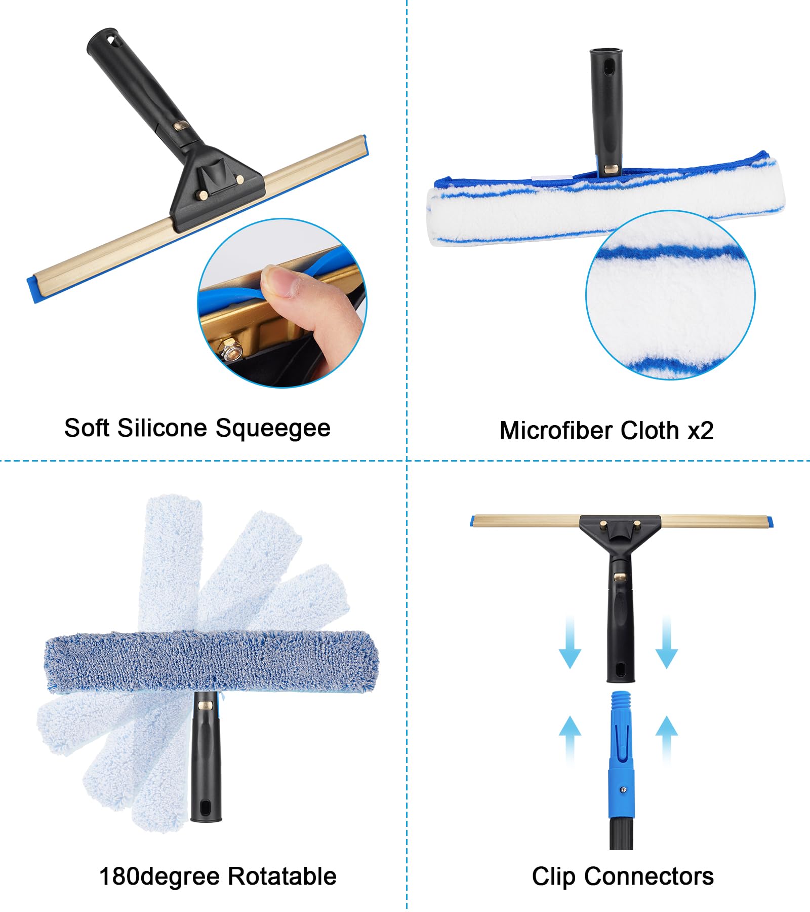 Kit de limpieza de ventanas con cubo de almacenamiento, escobilla de ventana con poste de extensión de 4.5 pies, estropajo, botella de spray de 20 onzas, paño de plumero