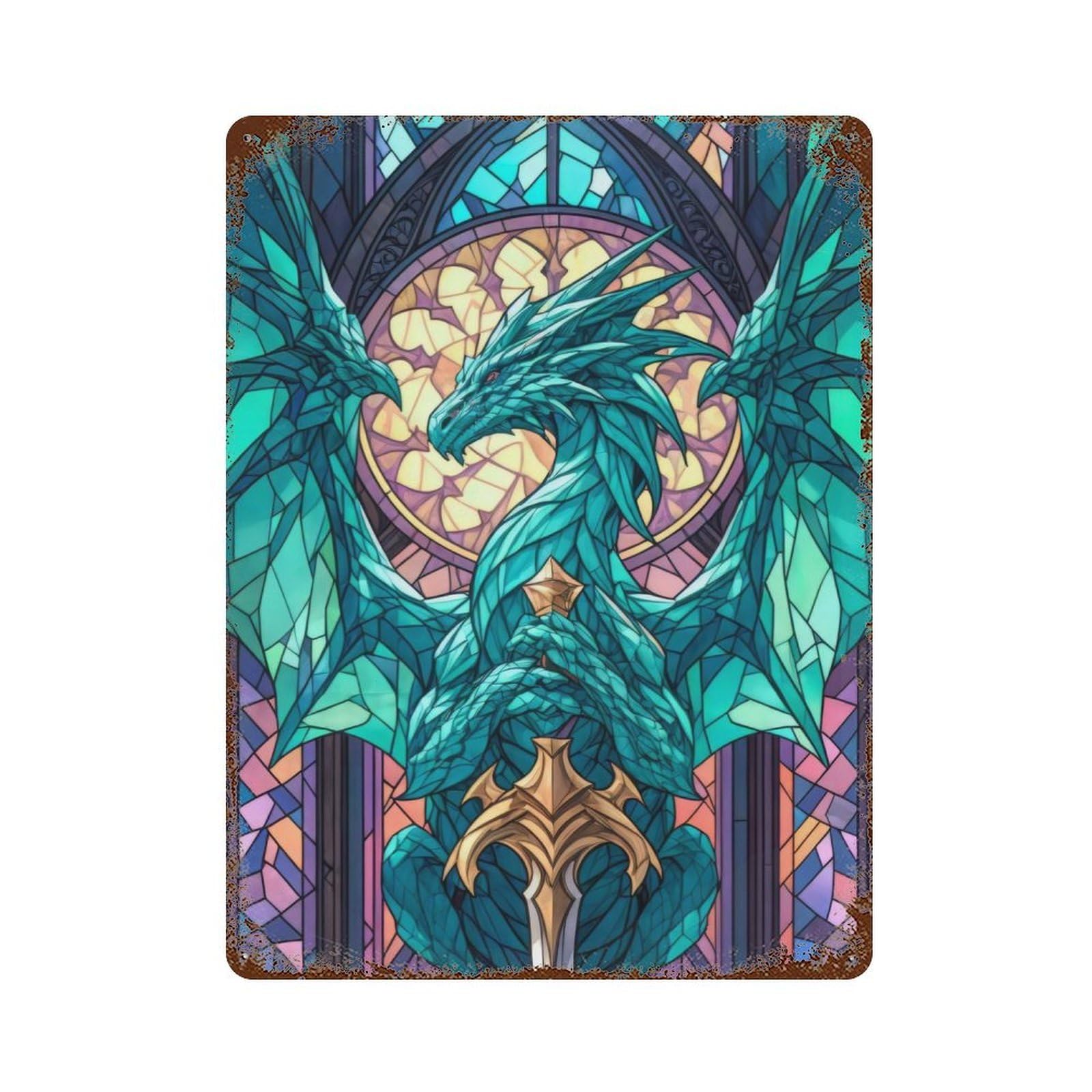 Rust Effect Guardian Dragon Rusty Metal Tin Sign 15.7"x11.8", Old School Wall Decor for Pub, Kitchen And Man Cave Decor