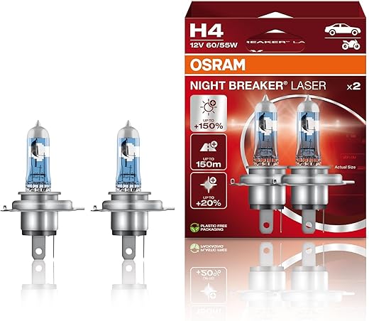 Osram 64193NL-HCB Passenger Car Night Breaker Laser Headlamp for H4 (2 Pieces, 12V) - Halogen, White