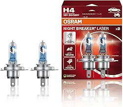 OSRAM NIGHT BREAKER LASER H4, +Lâmpada de farol de halogêneo 150% mais brilhante, 64193NL-HCB, 12V, caixa dobrável suspensa (2 lâmpadas) (branca/amarela)
