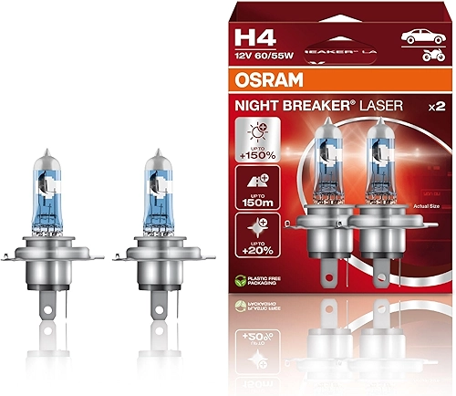 OSRAM NIGHT BREAKER LASER H4, +Lâmpada de farol de halogêneo 150% mais brilhante, 64193NL-HCB, 12V, caixa dobrável suspensa (2 lâmpadas) (branca/amarela)