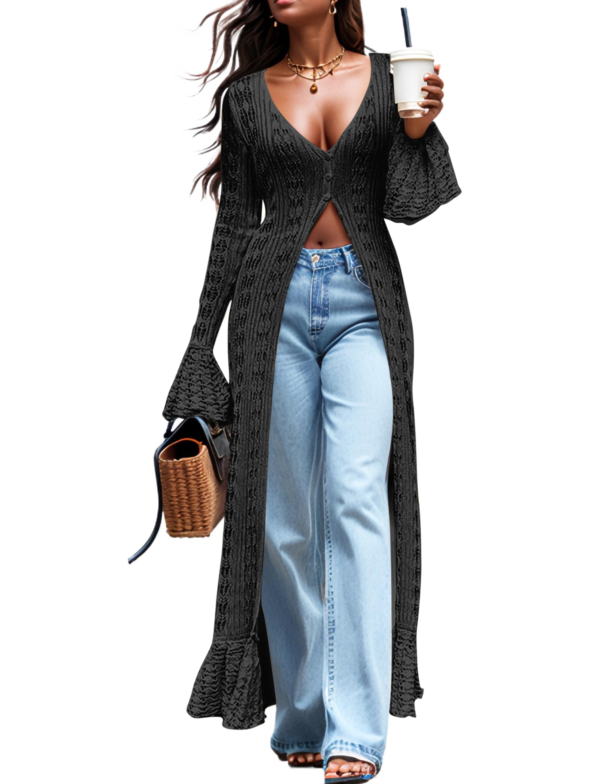 Cardigan Sweaters for Women Trendy Lightweight Crochet Long Duster Button Up Bell Long Sleeve Ruffle Knit Maxi Dress