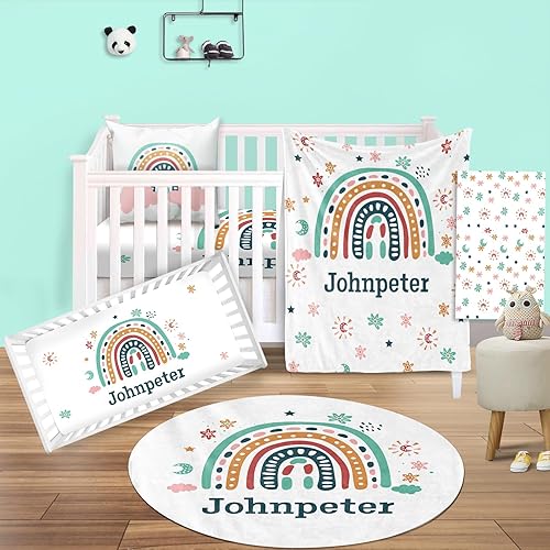 Juego de ropa de cama personalizado para cuna de bebé, 5 piezas, diseño de bolas y arco iris, manta de bebé con nombre personalizado, sábana bajera