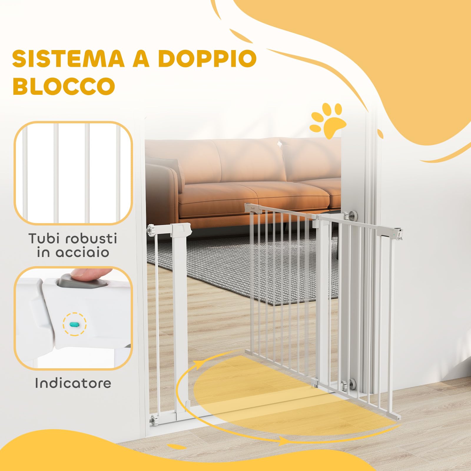 PawHut Cancelletto di Sicurezza per Cani con Fissaggio a Pressione, Cancellino per Cani Estensibile 76-97cm per Scale e Porte, Bianco